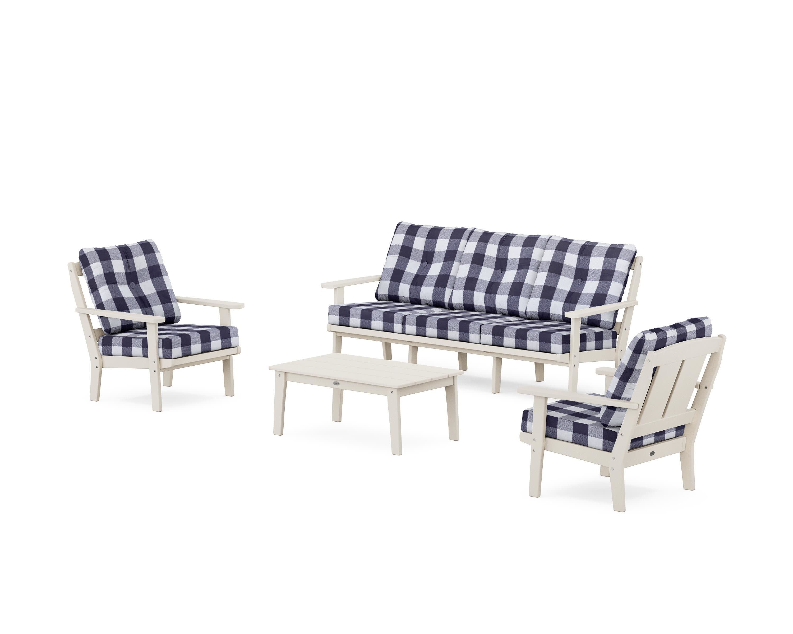Mission 4-Piece Deep Seating Set with Sofa in Sand / Buffalo Plaid Navy