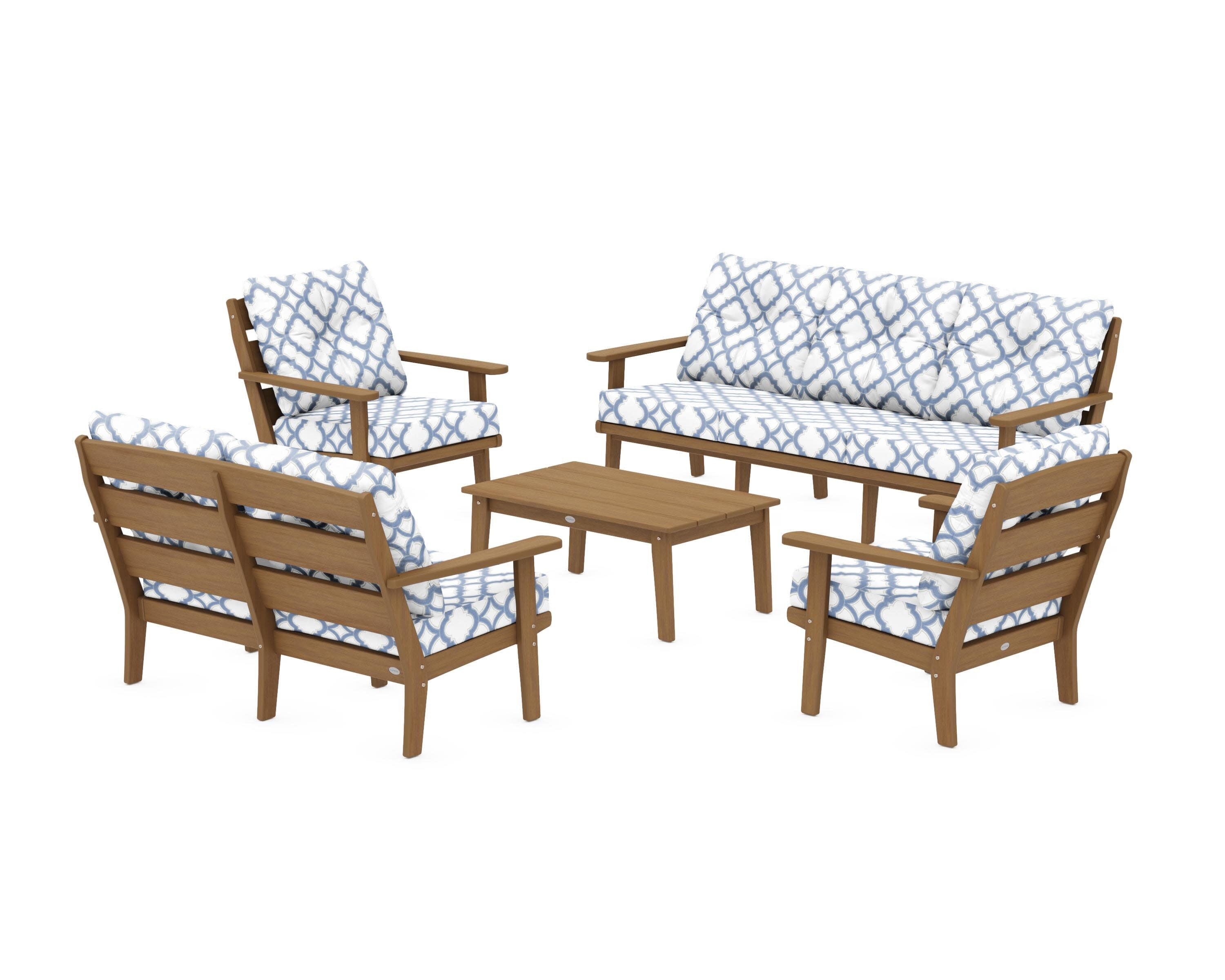 Lakeside 5-Piece Lounge Sofa Set in Natural / Trellis Sky Blue