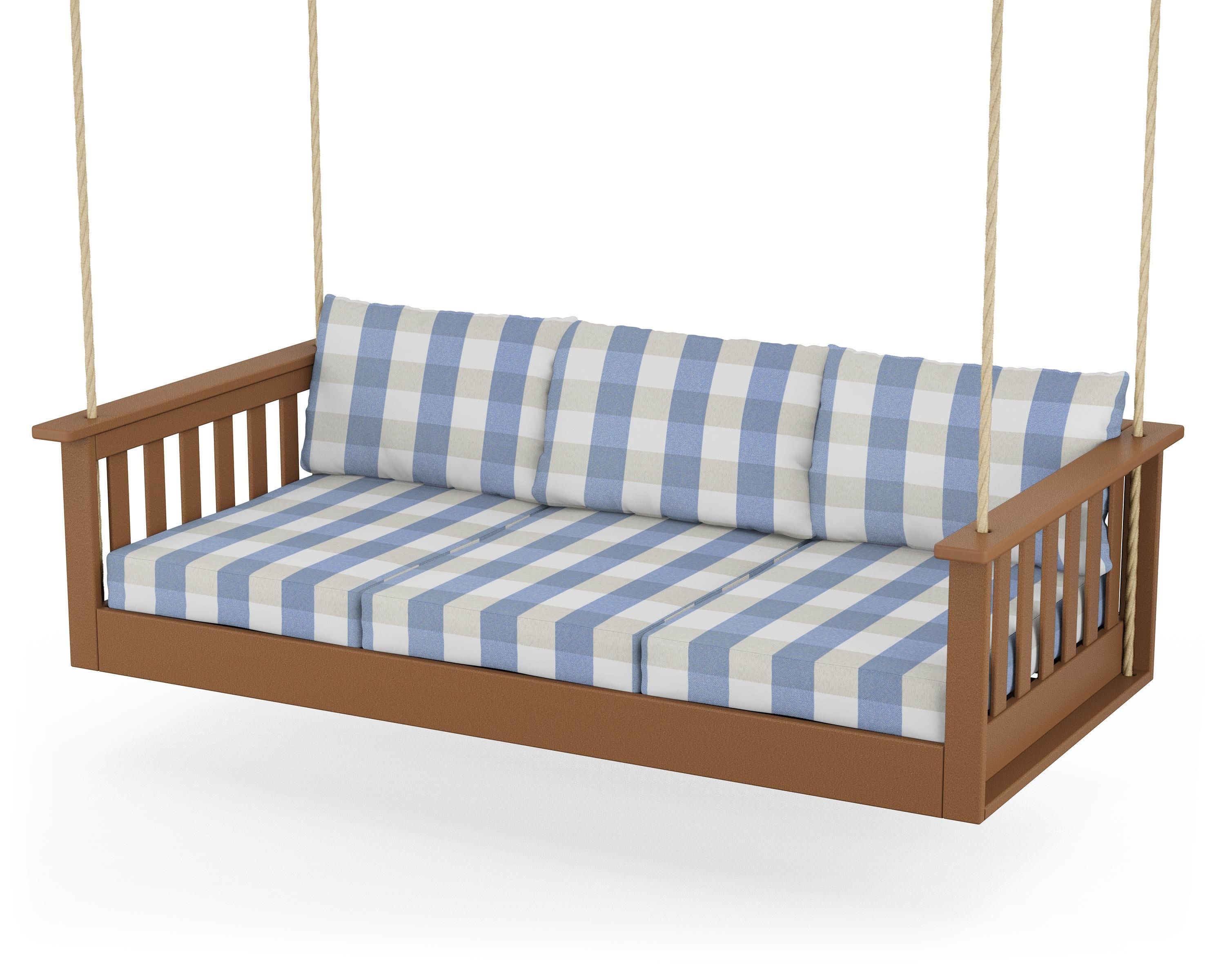 Vineyard Daybed Swing in Teak / Buffalo Plaid Sky Blue