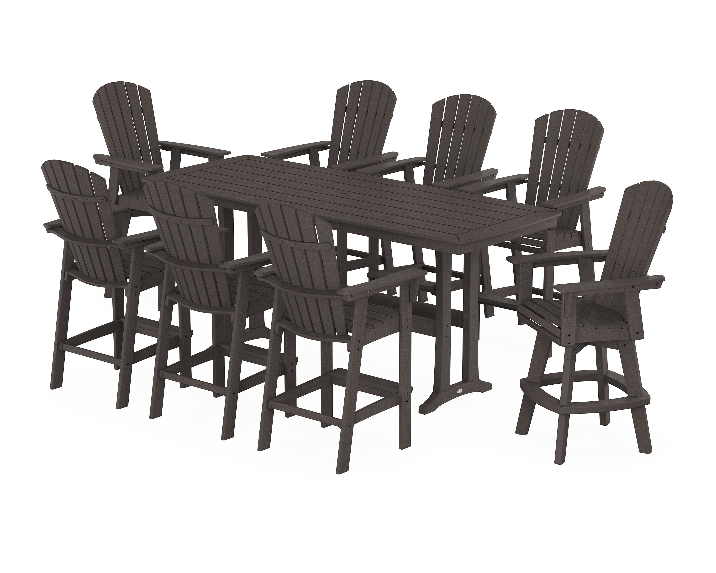 Nautical Curveback Adirondack Swivel 9-Piece Bar Set with Trestle Legs in Vintage Coffee