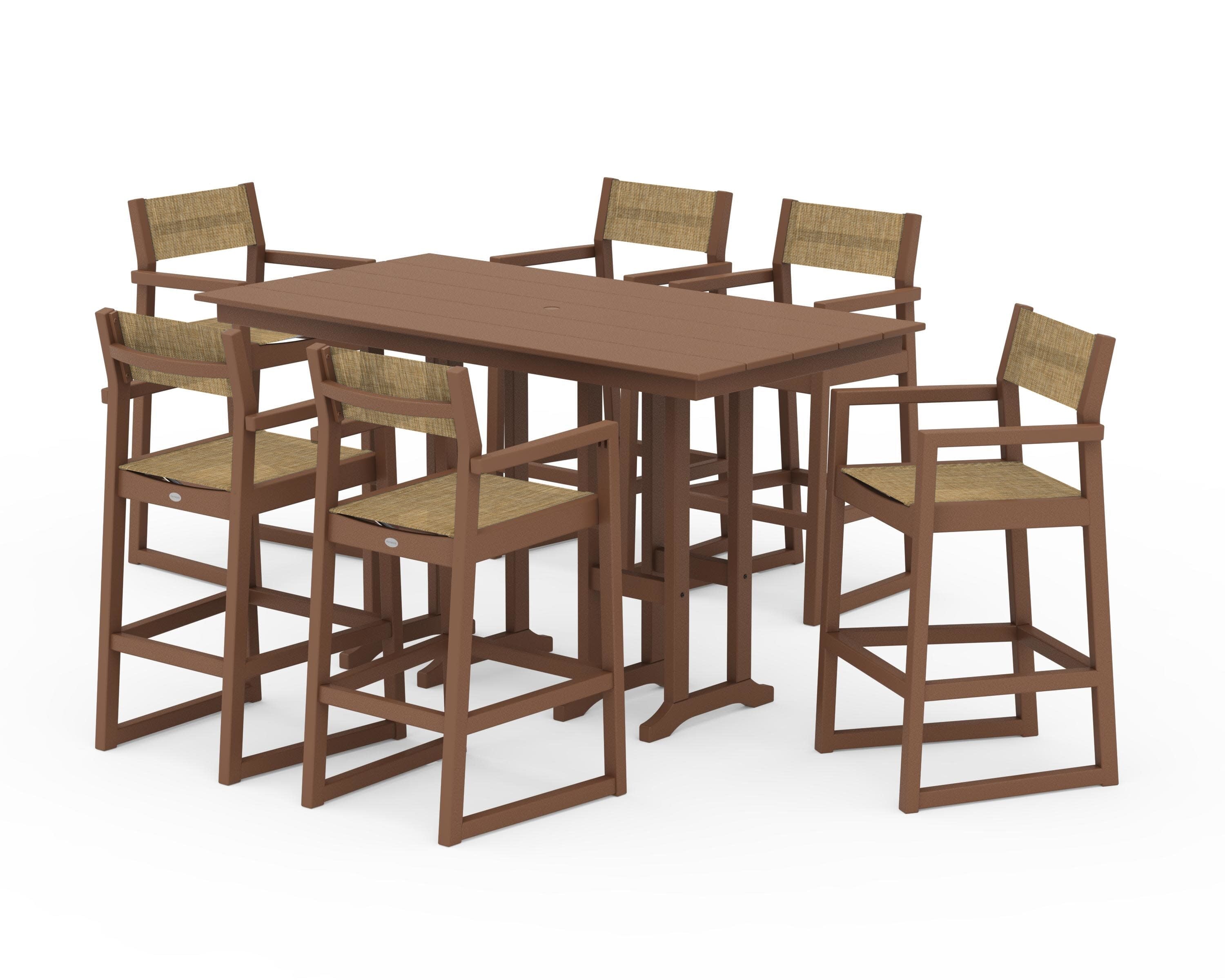 EDGE Sling Arm Chair 7-Piece Farmhouse Bar Set in Teak / Burlap Sling