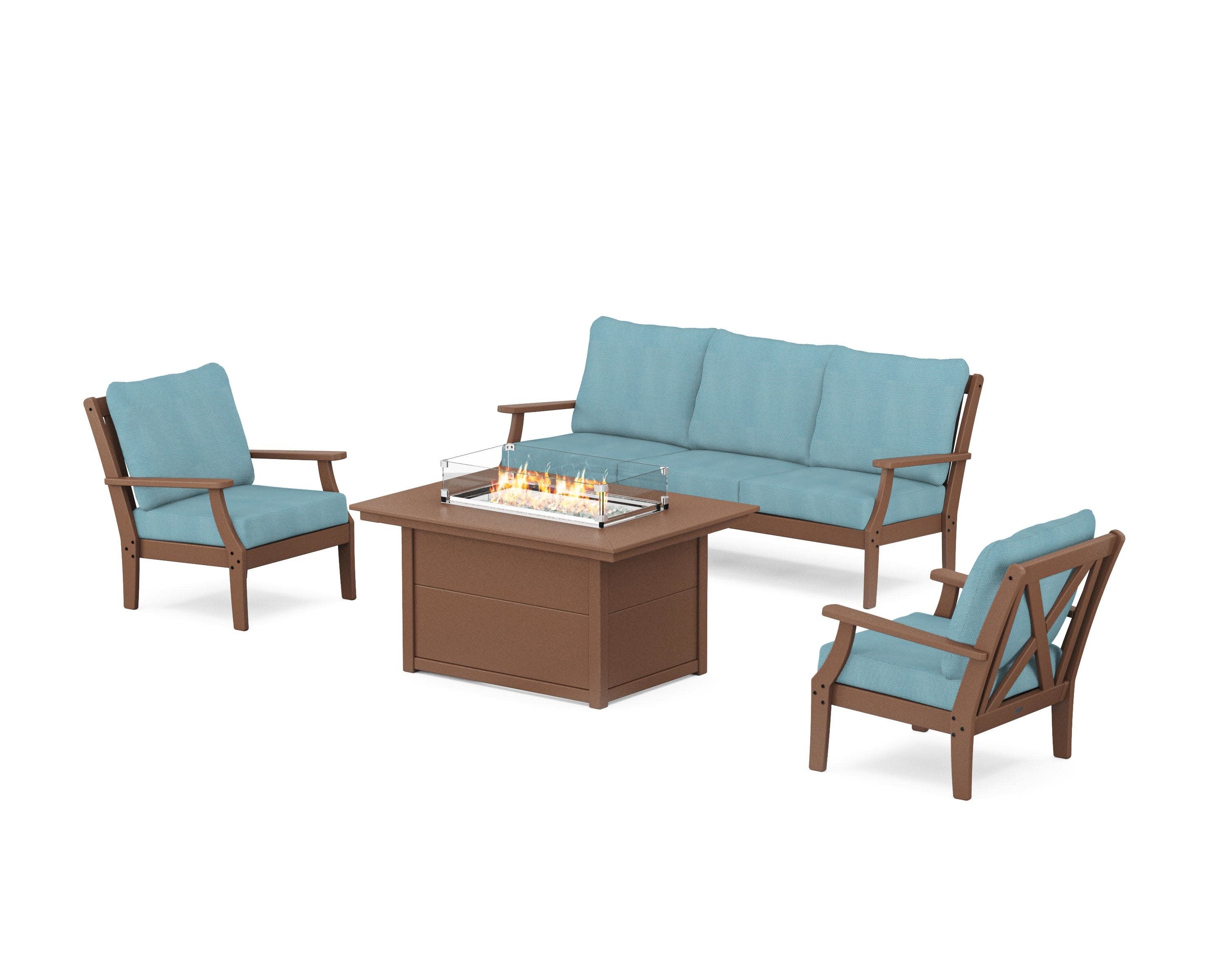 Braxton Deep Seating Fire Pit Table Set in Teak / Lattice Sky Blue