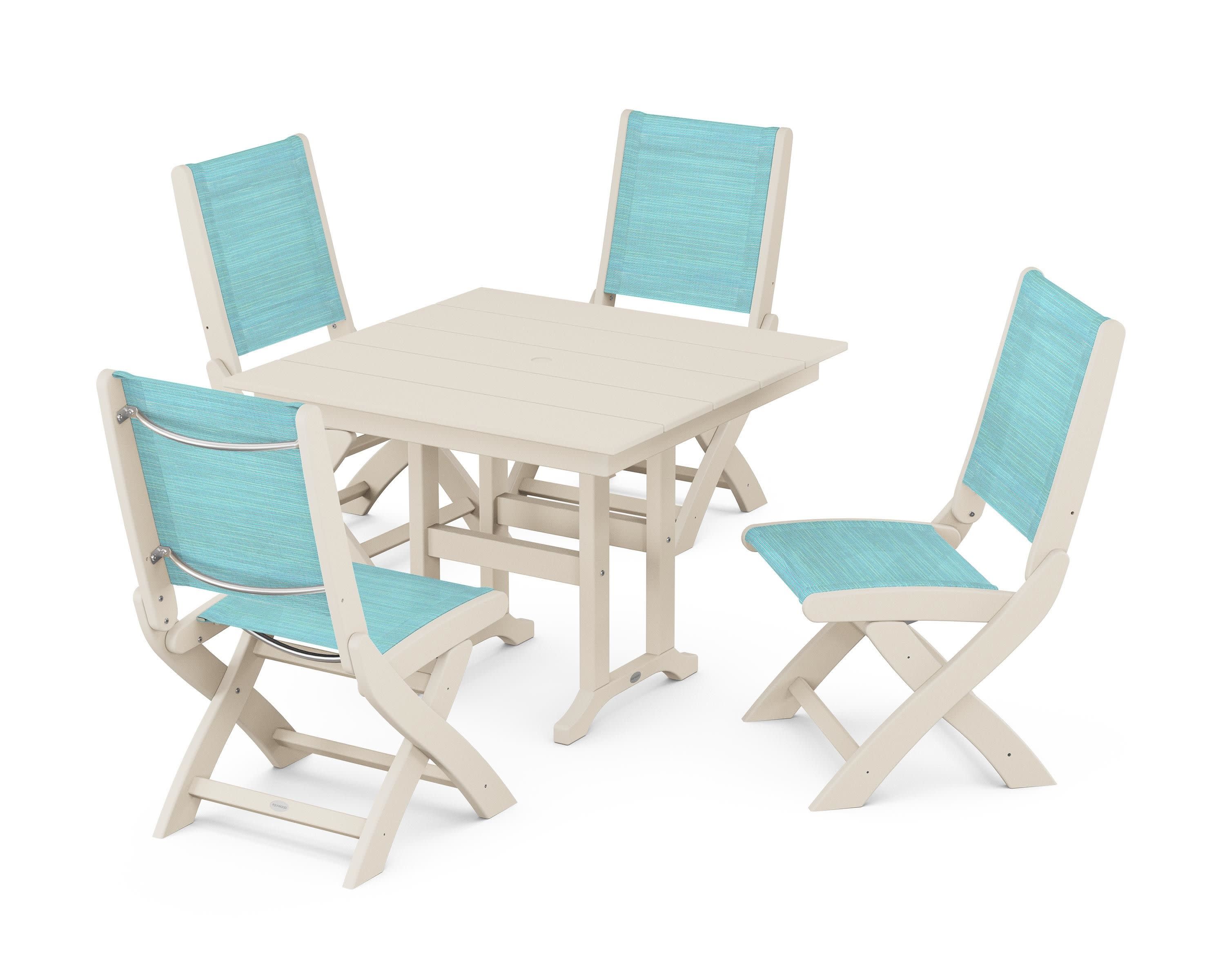 Coastal Folding Side Chair 5-Piece Farmhouse Dining Set in Sand / Dupioni Aquamarine Sling