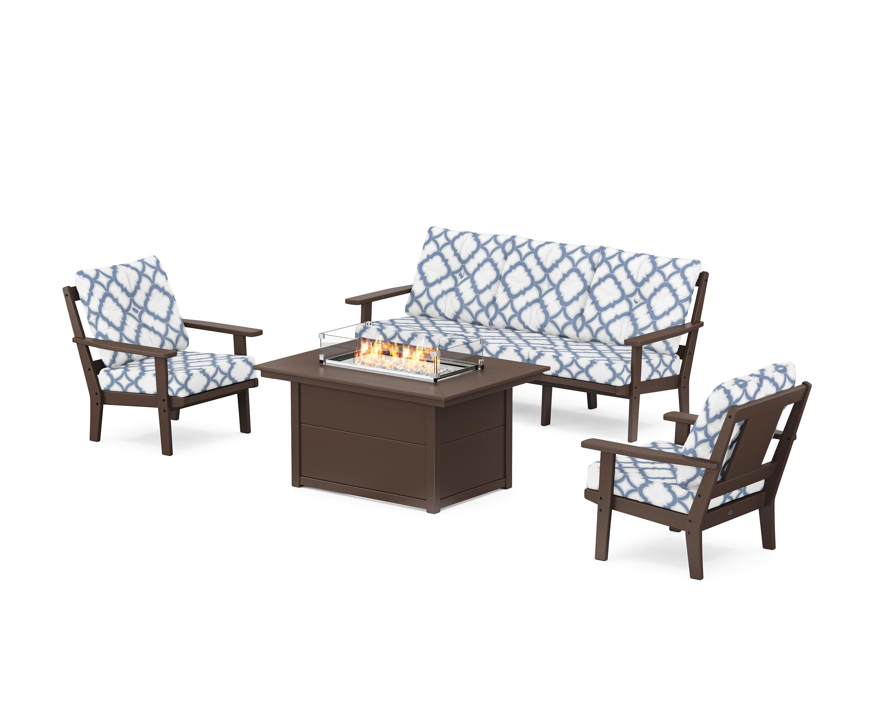 Prairie Deep Seating Fire Pit Table Set in Mahogany / Trellis Sky Blue