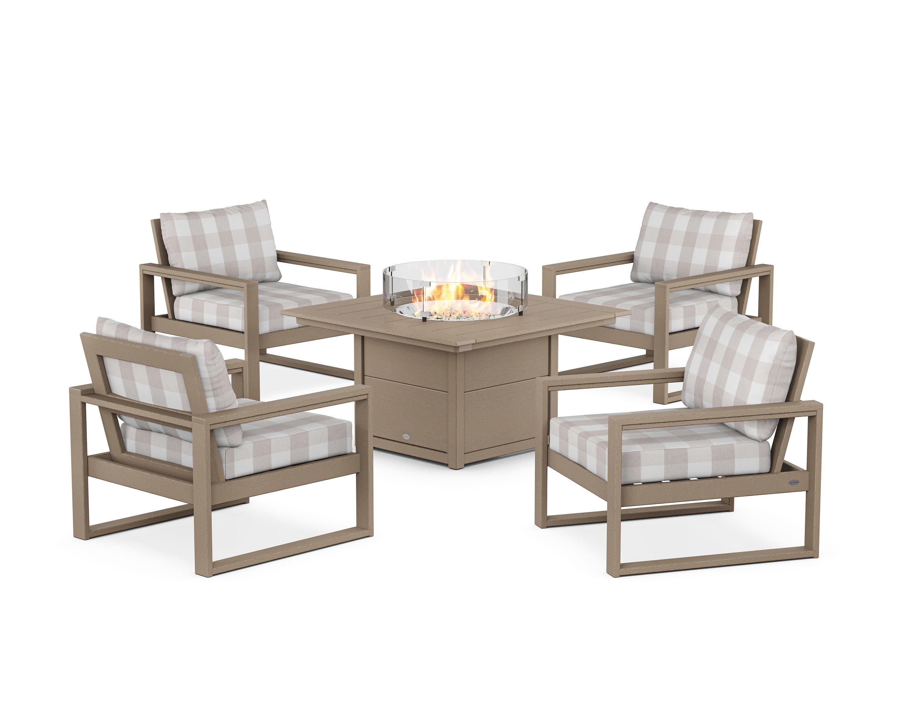 EDGE Sectional 5-Piece Deep Seating Set with Fire Pit Table in Vintage Sahara / Buffalo Plaid Dune Burlap