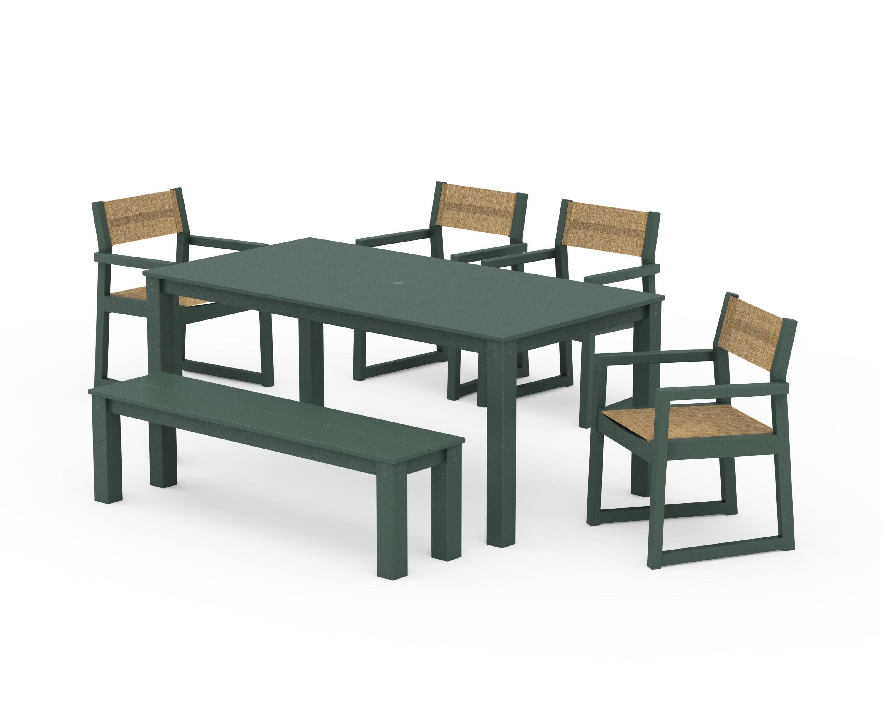 EDGE Sling Arm Chair 6-Piece Parsons Dining Set with Bench in Green / Burlap Sling