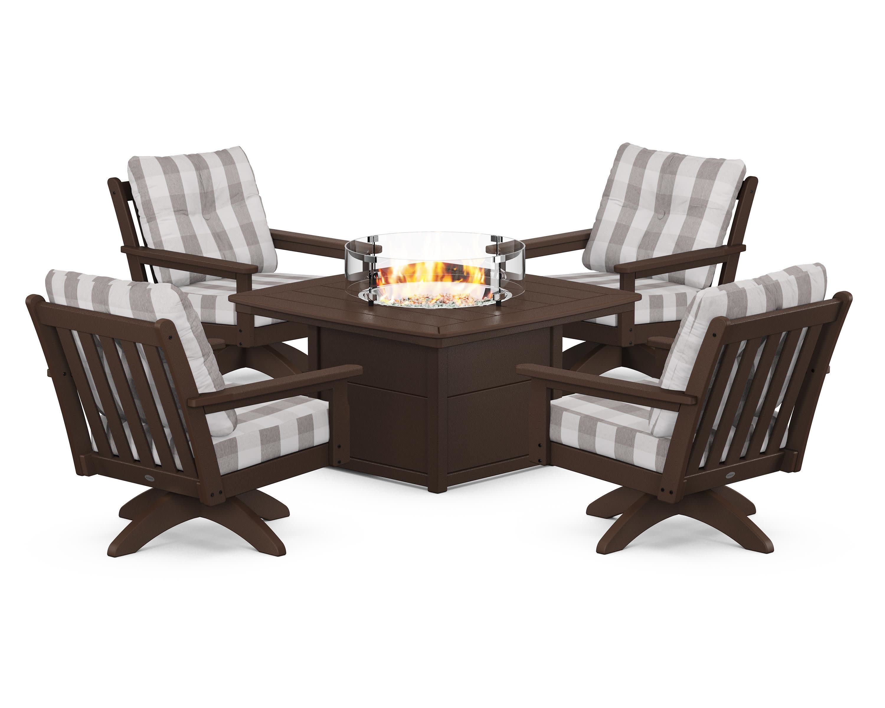 Vineyard 5-Piece Deep Seating Swivel Conversation Set with Fire Pit Table in Mahogany / Buffalo Plaid Grey Mist