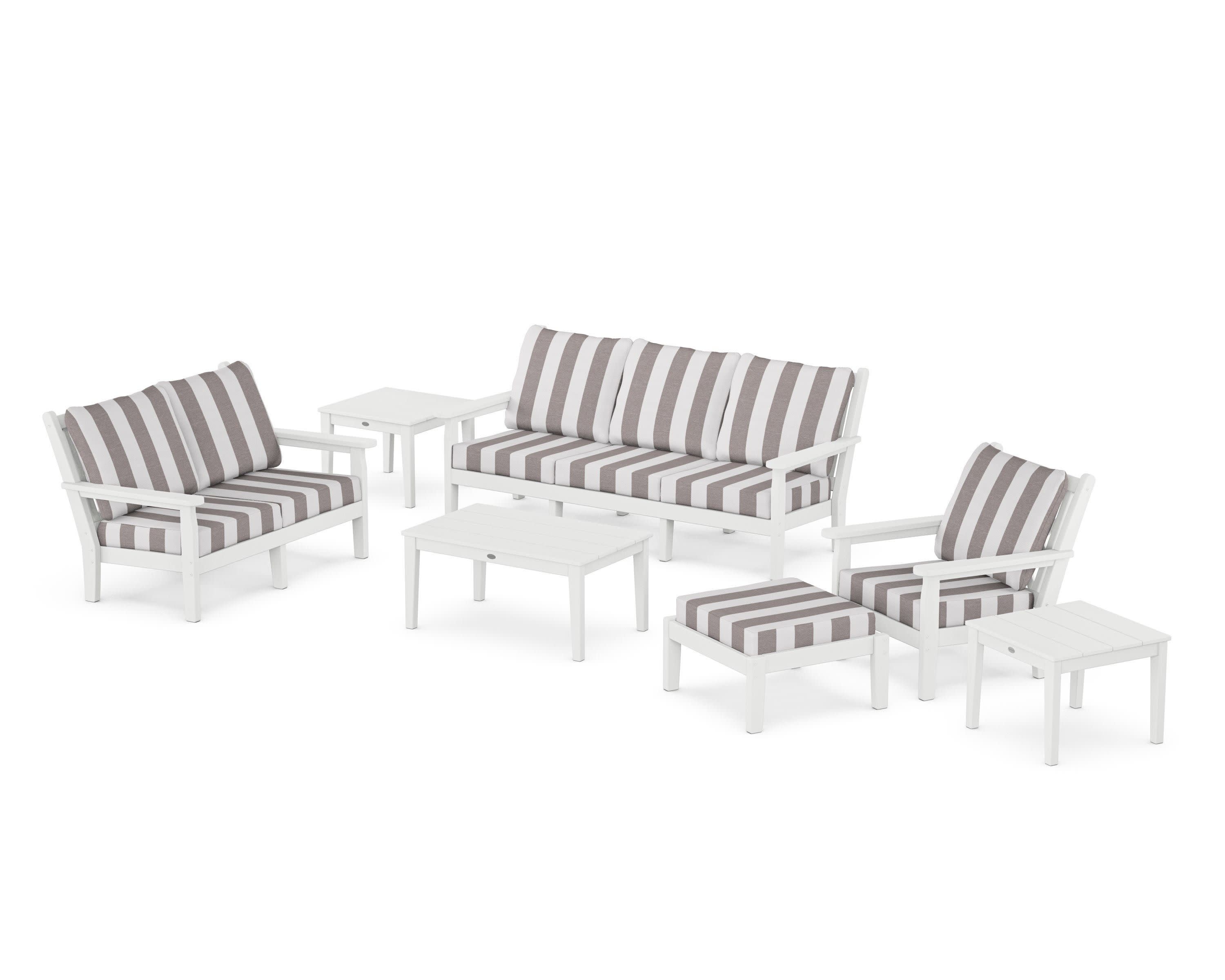 Chippendale 7-Piece Deep Seating Set in White / Cabana Stripe Grey Mist