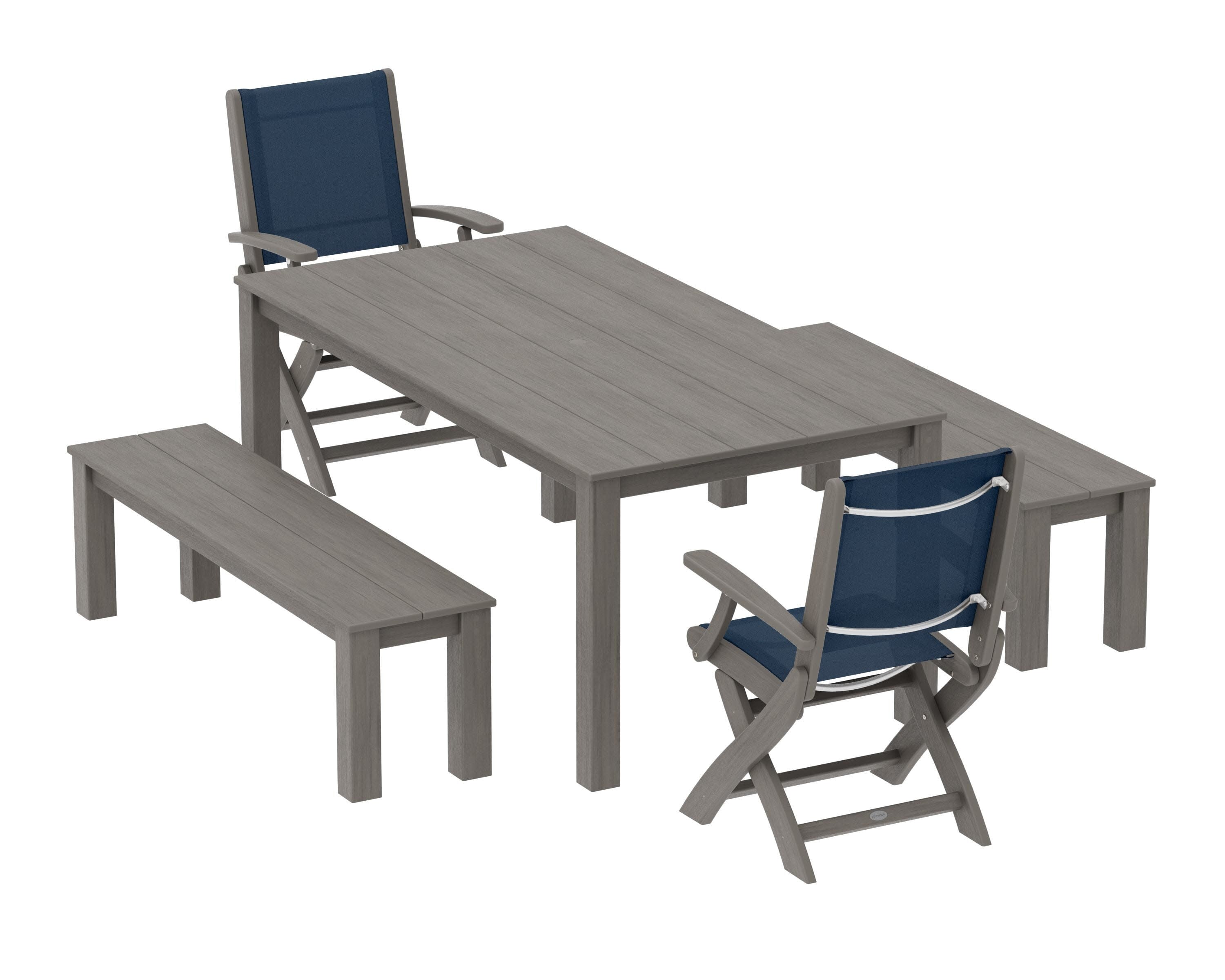 Coastal Folding Chair 5-Piece Parsons Dining Set with Benches in Driftwood / Navy Blue Sling