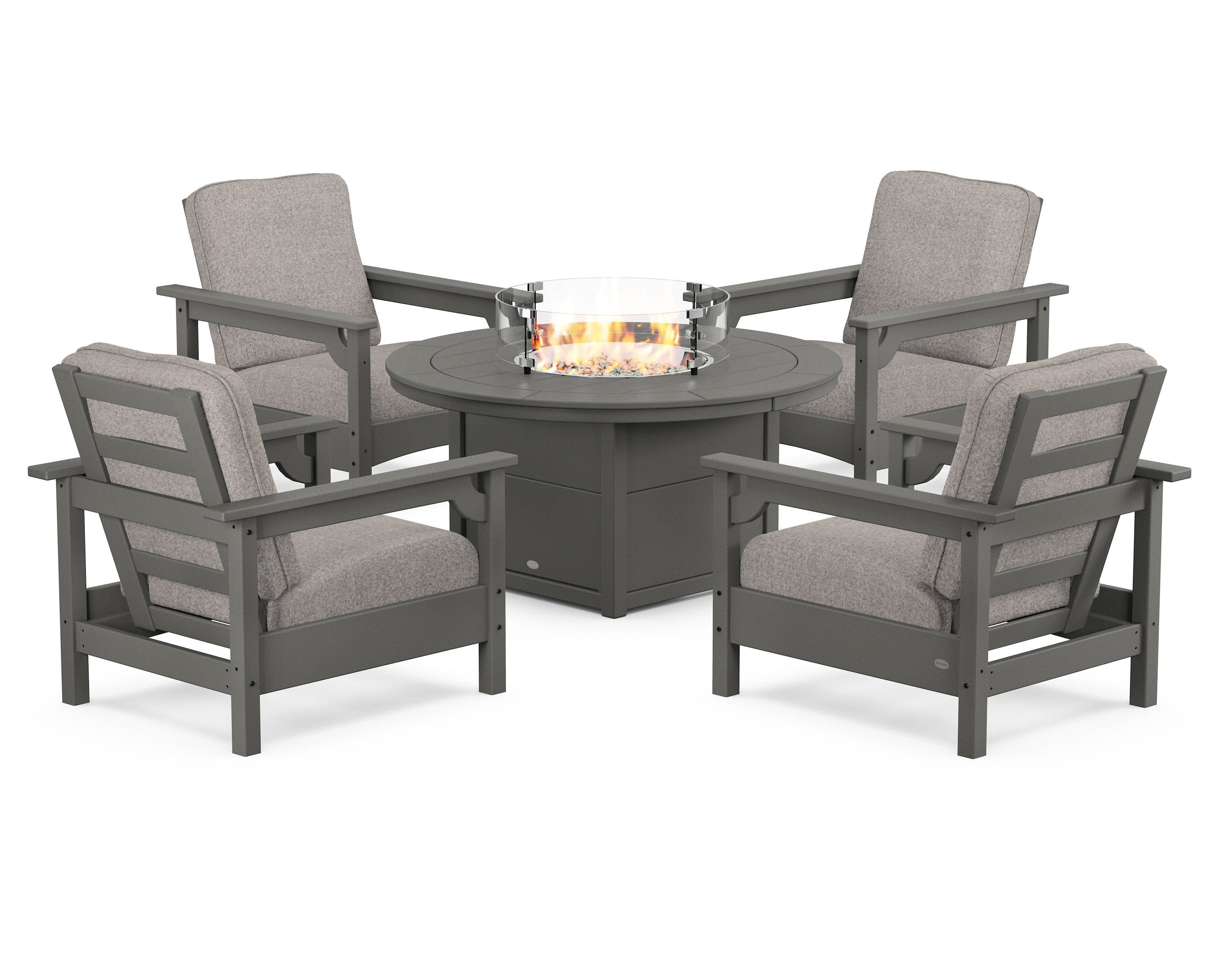 Club 5-Piece Conversation Set with Fire Pit Table in Slate Grey / Weathered Tweed
