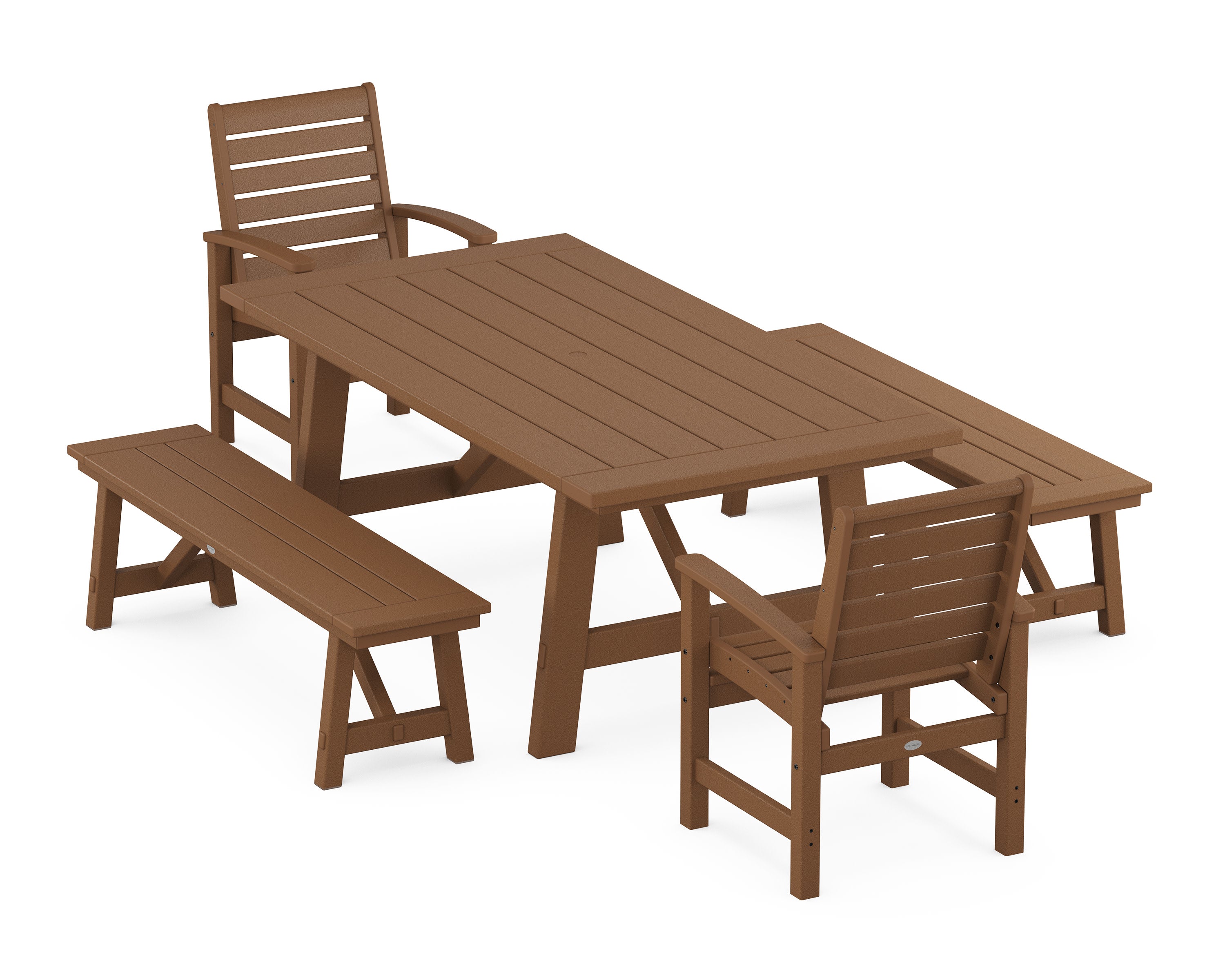 Signature 5-Piece Rustic Farmhouse Dining Set With Benches in Teak