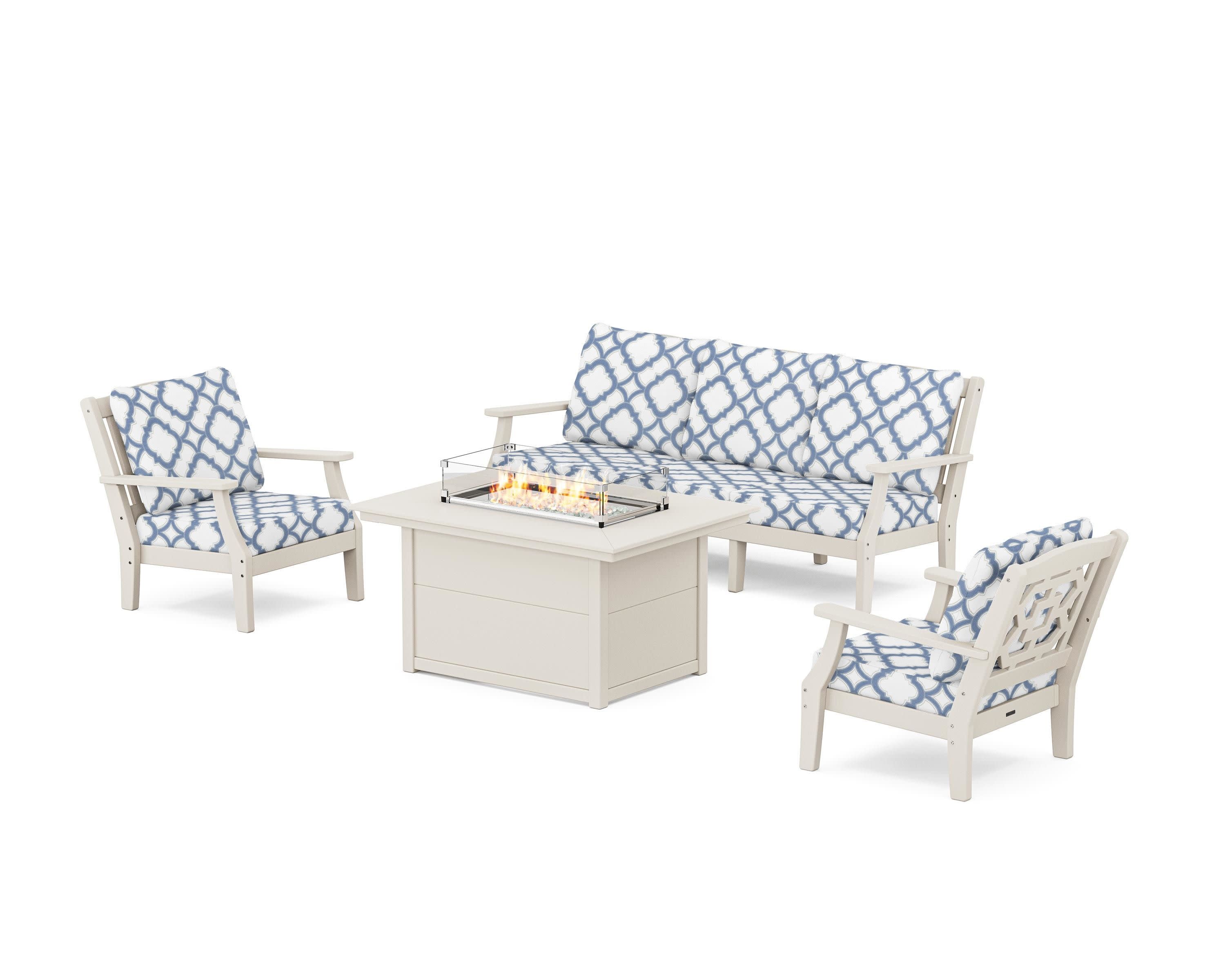 Chinoiserie Deep Seating Fire Pit Table Set in Sand / Trellis Sky Blue