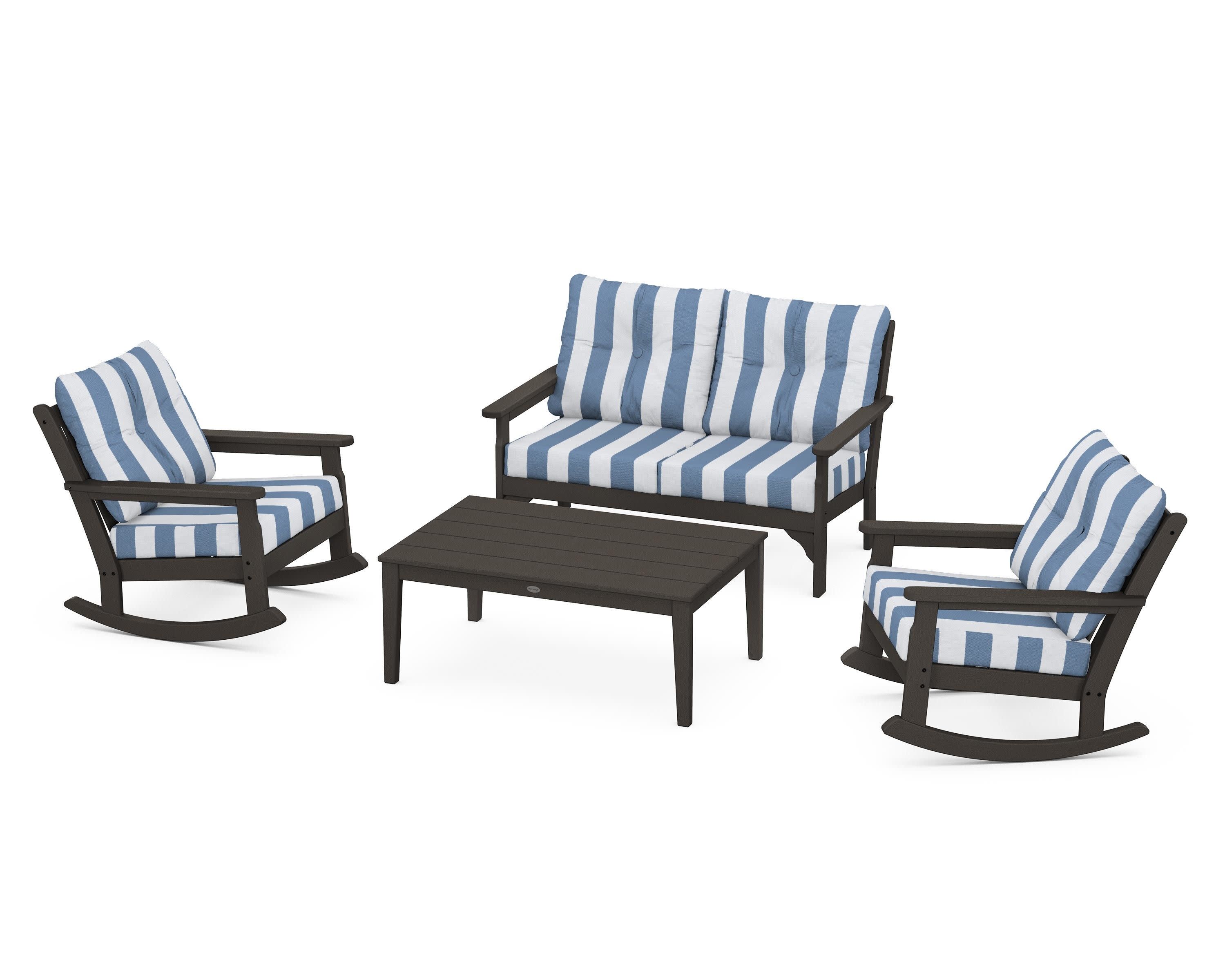 Vineyard 4-Piece Deep Seating Rocking Chair Set in Vintage Coffee / Cabana Stripe Sky Blue