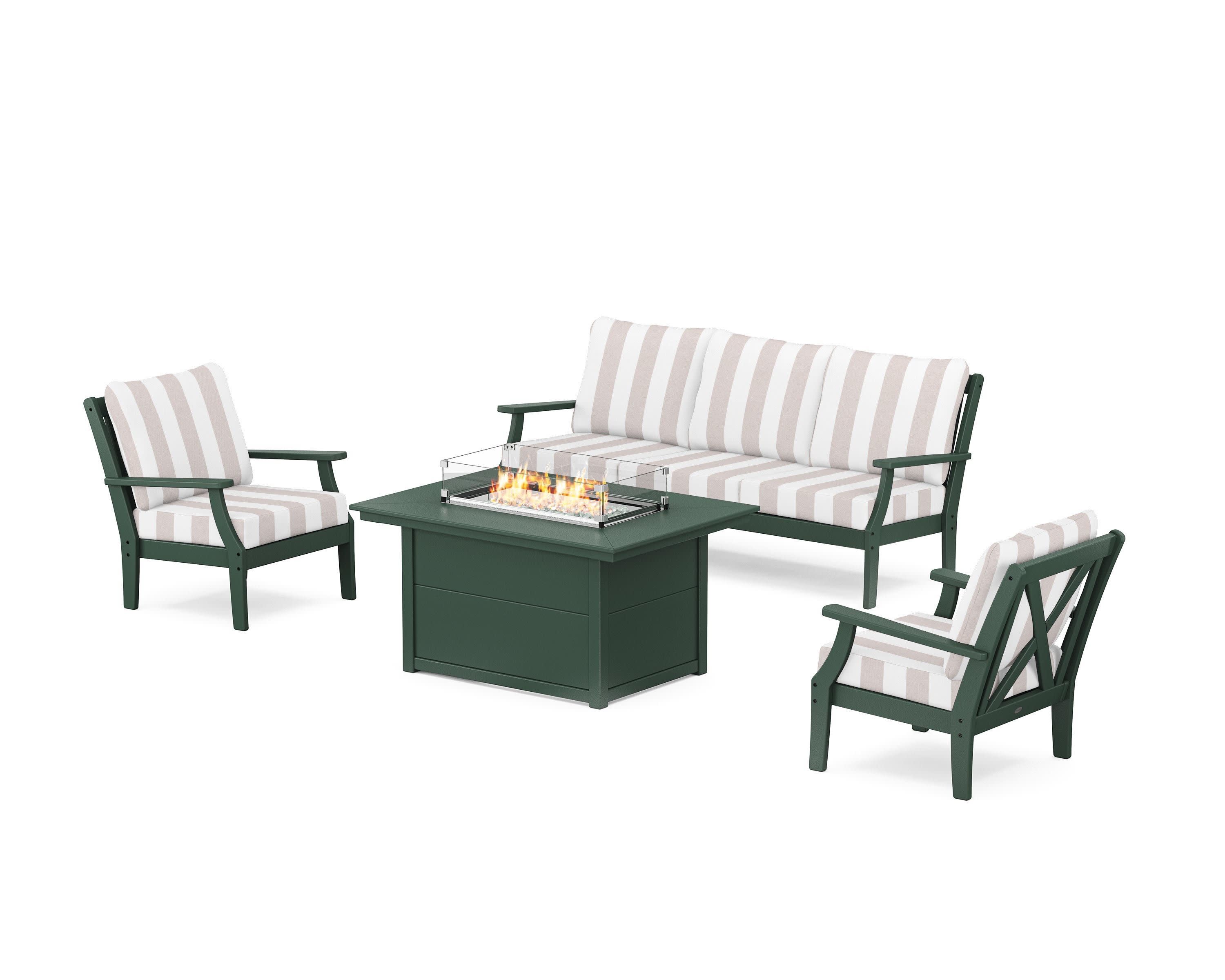 Braxton Deep Seating Fire Pit Table Set in Green / Cabana Stripe Dune Burlap