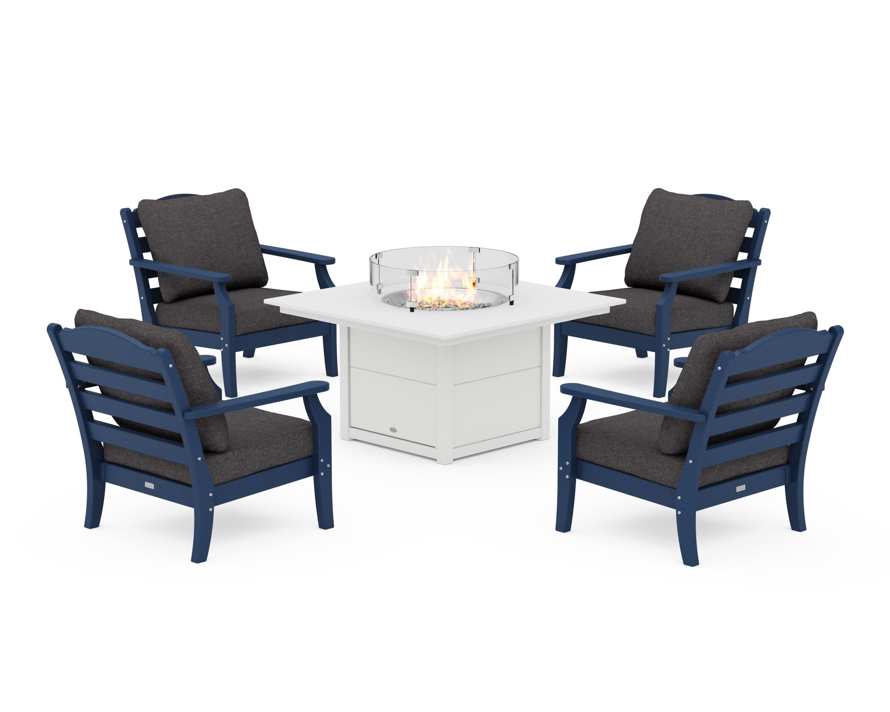 Savannah 5-Piece Deep Seating Set with Fire Pit Table in Navy / Ash Charcoal
