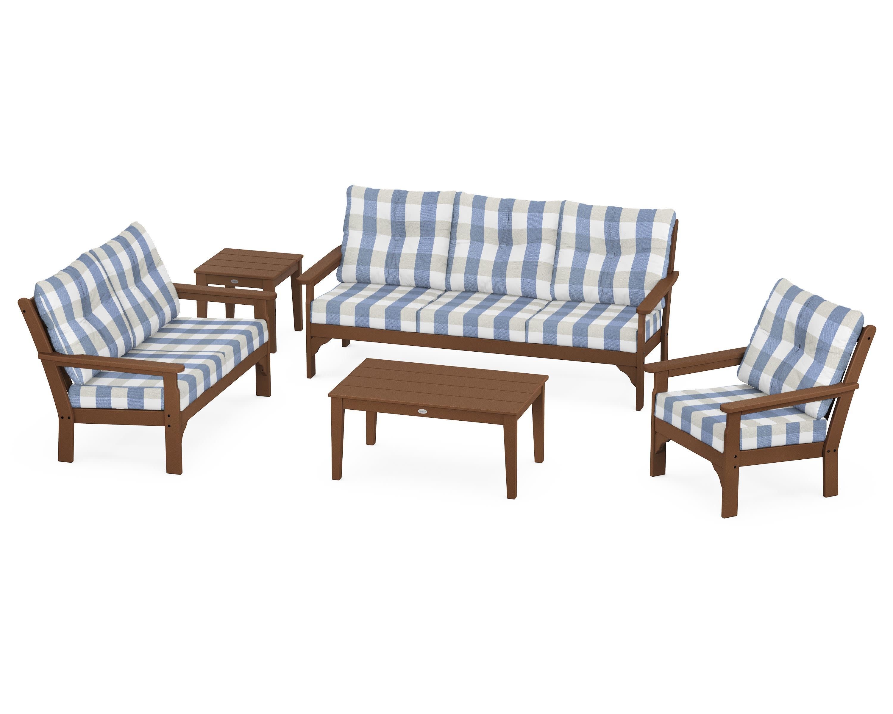 Vineyard 5 Piece Deep Seating Set in Teak / Buffalo Plaid Sky Blue