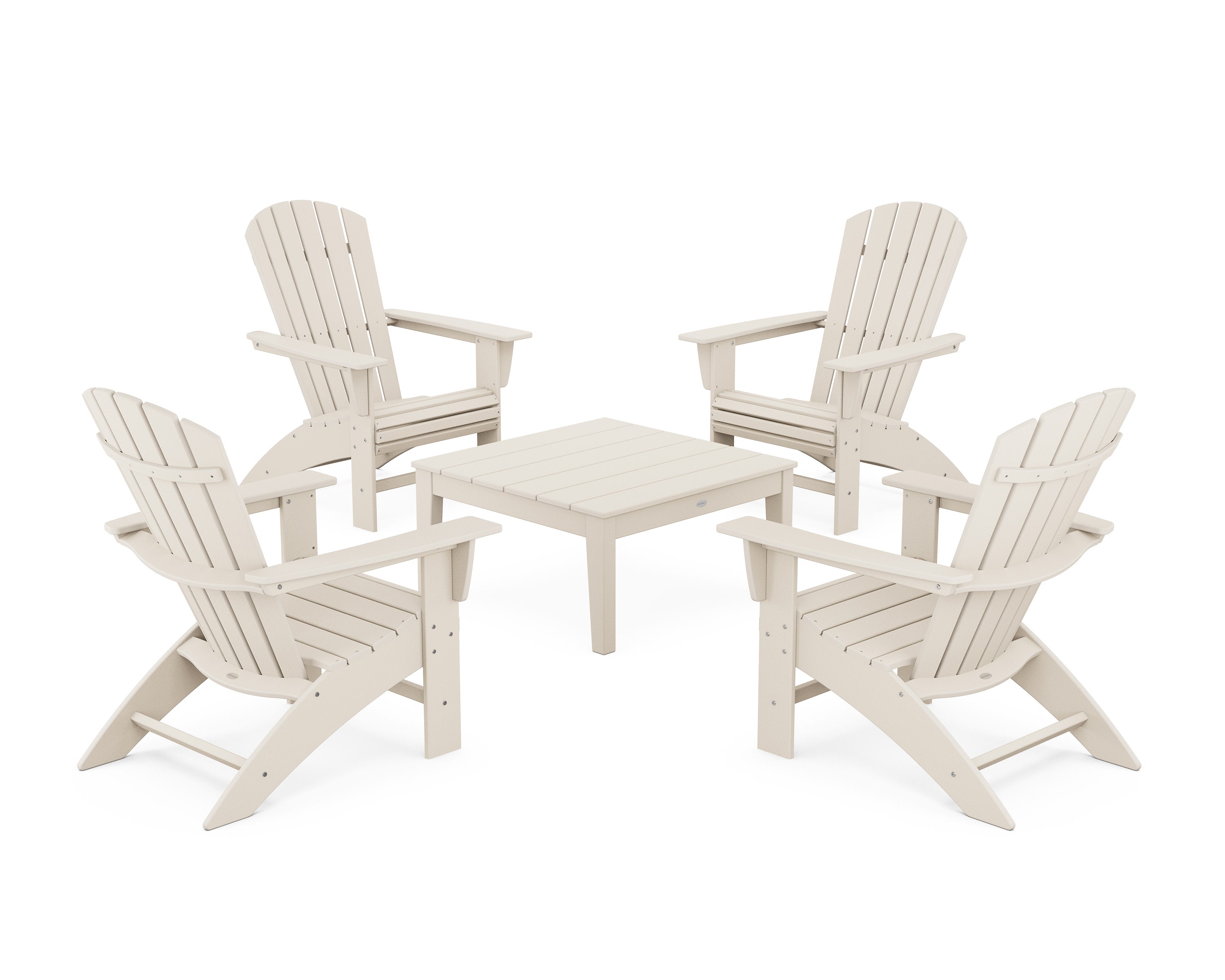 5-Piece Nautical Curveback Adirondack Chair Conversation Set with 36" Conversation Table in Sand