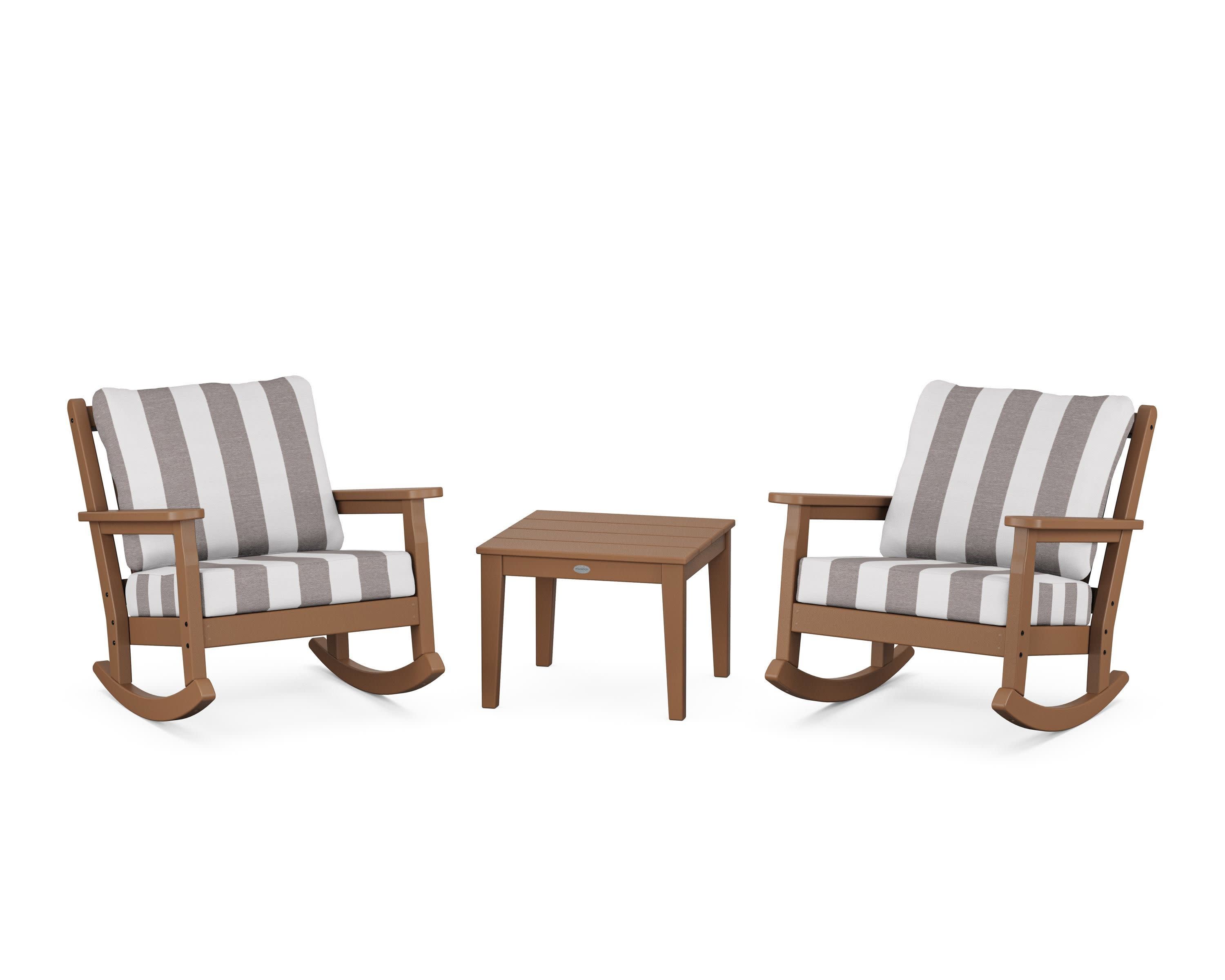 Chippendale 3-Piece Deep Seating Rocker Set in Teak / Cabana Stripe Grey Mist