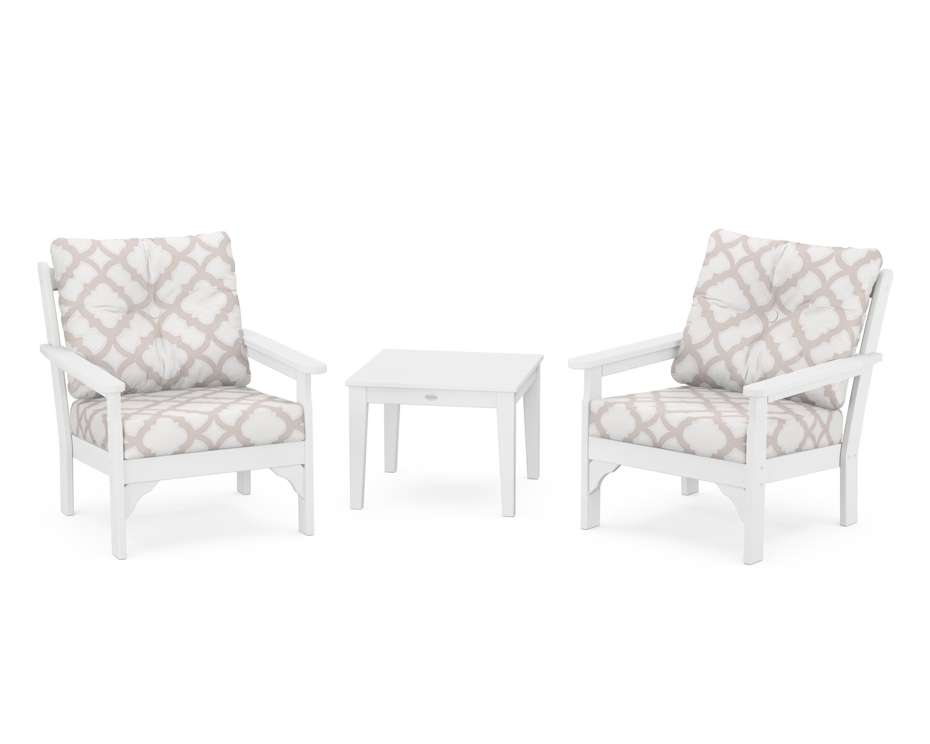 Vineyard 3-Piece Deep Seating Set in White / Trellis Dune Burlap