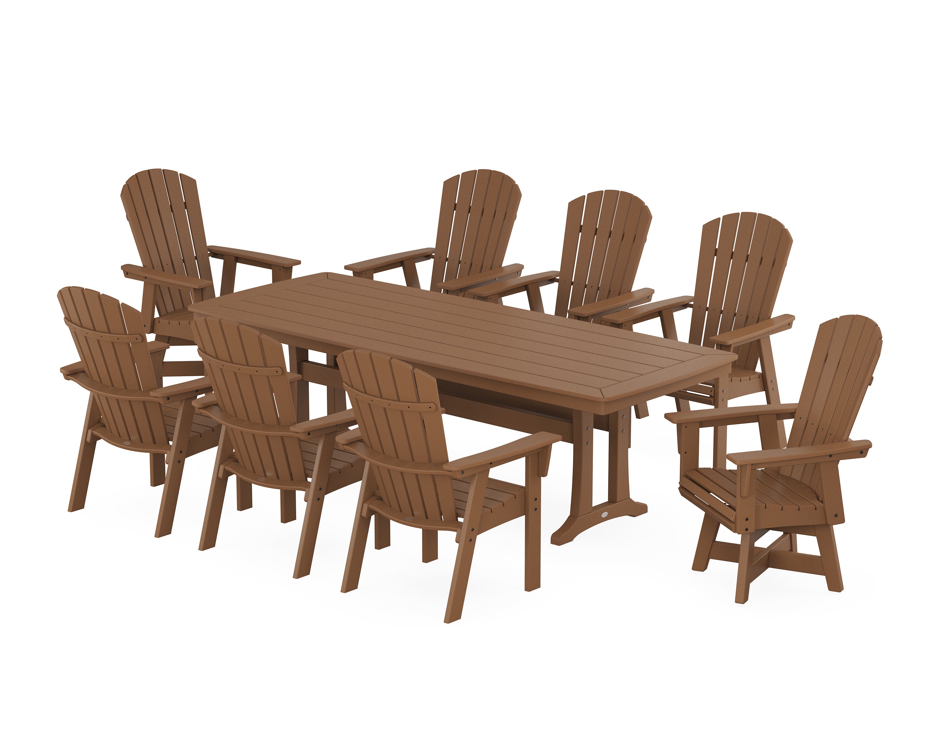 Nautical Curveback Adirondack Swivel 9-Piece Dining Set with Trestle Legs in Teak