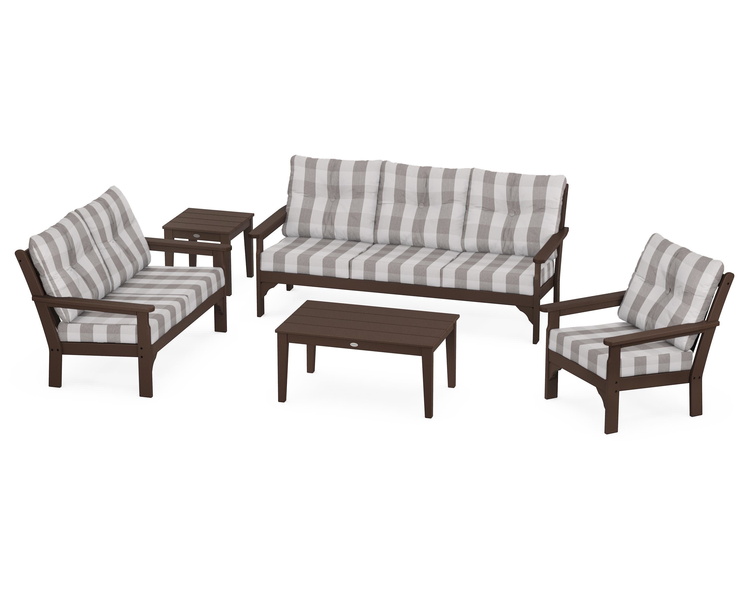 Vineyard 5 Piece Deep Seating Set in Mahogany / Buffalo Plaid Grey Mist