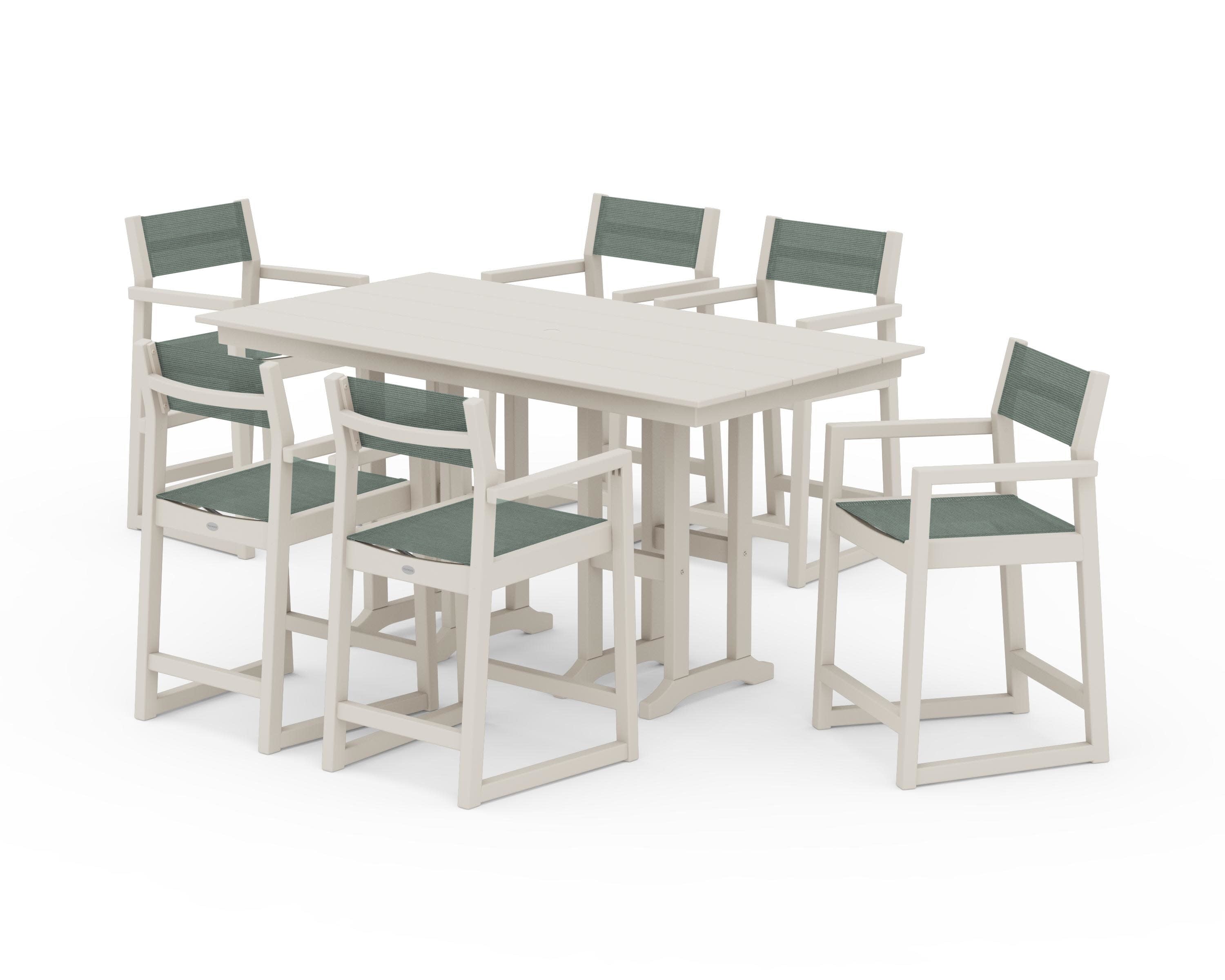 EDGE Sling Arm Chair 7-Piece Farmhouse Counter Set in Sand / Dupioni Sea Mist Sling