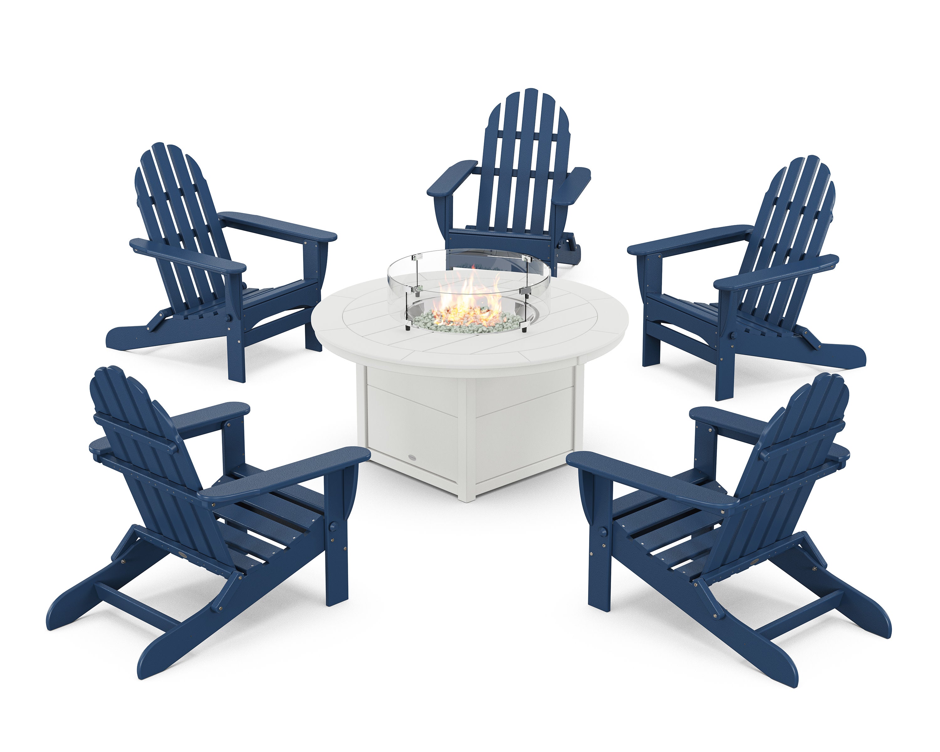 Classic Folding Adirondack 6-Piece Conversation Set with Fire Pit Table in Navy / White