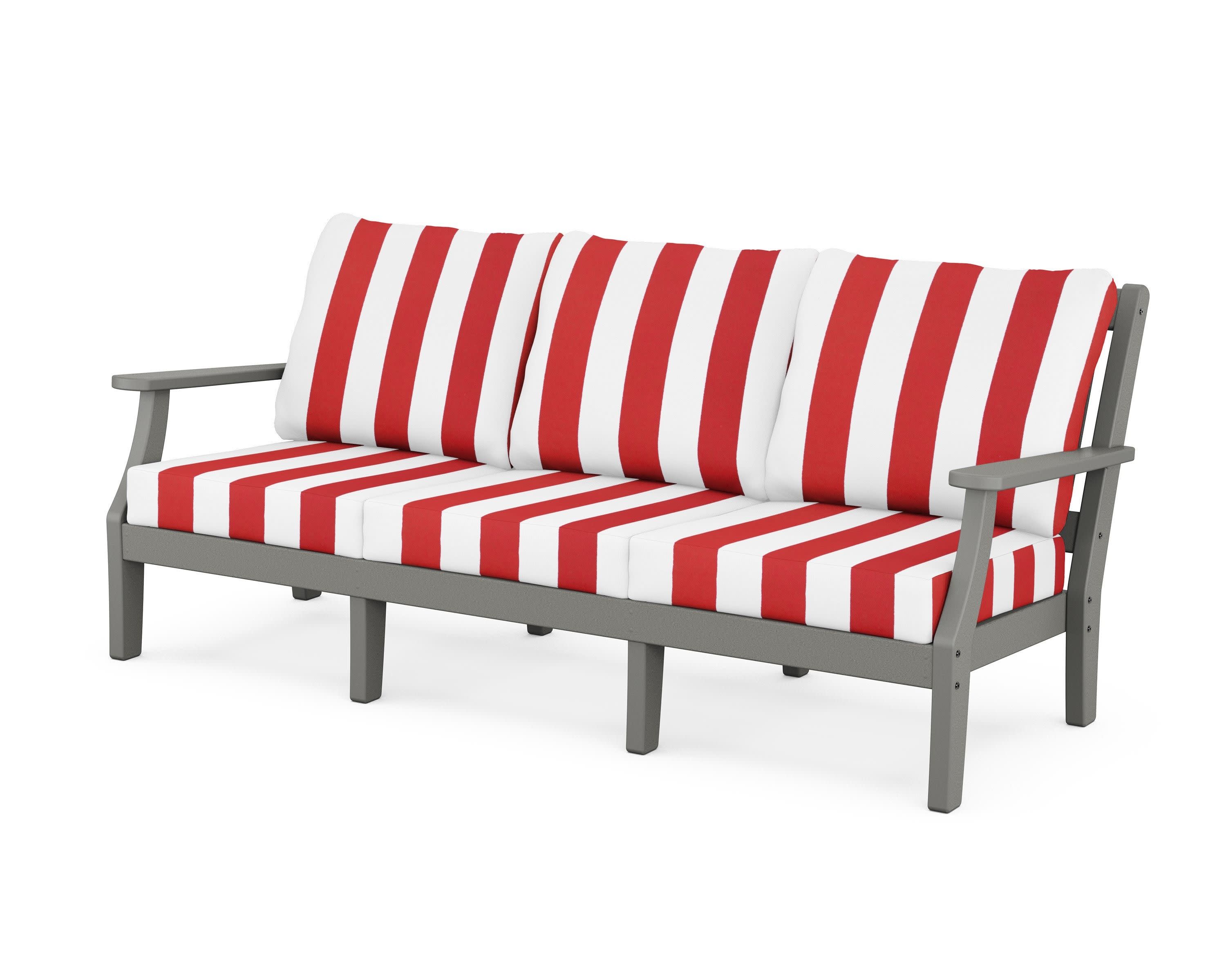 Chinoiserie Deep Seating Sofa in Slate Grey / Cabana Stripe Crimson