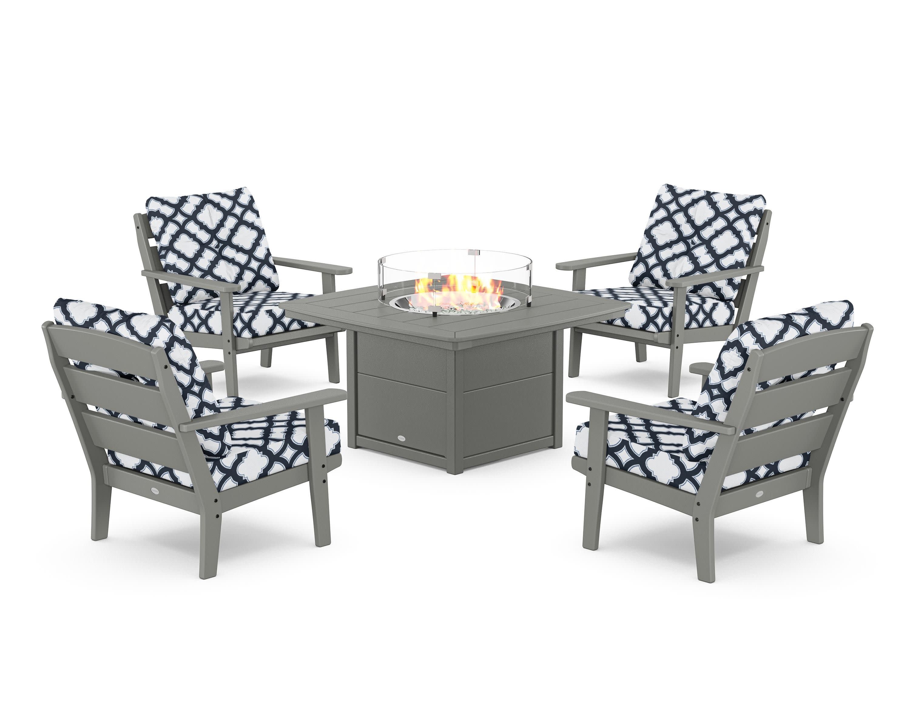 Lakeside 5-Piece Deep Seating Set with Nautical Fire Pit Table in Slate Grey / Trellis Marine Indigo