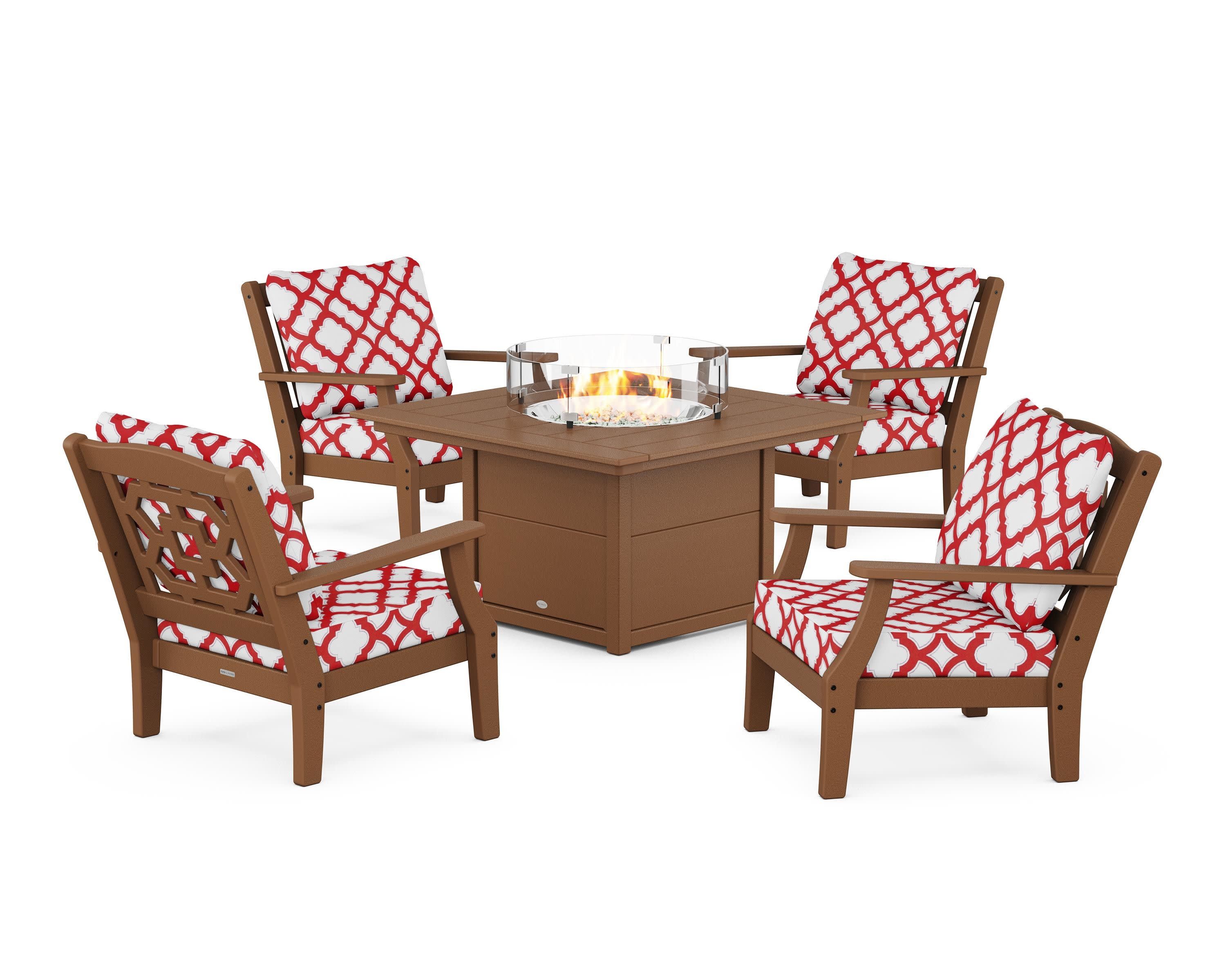 Chinoiserie 5-Piece Deep Seating Set with Fire Pit Table in Teak / Trellis Crimson