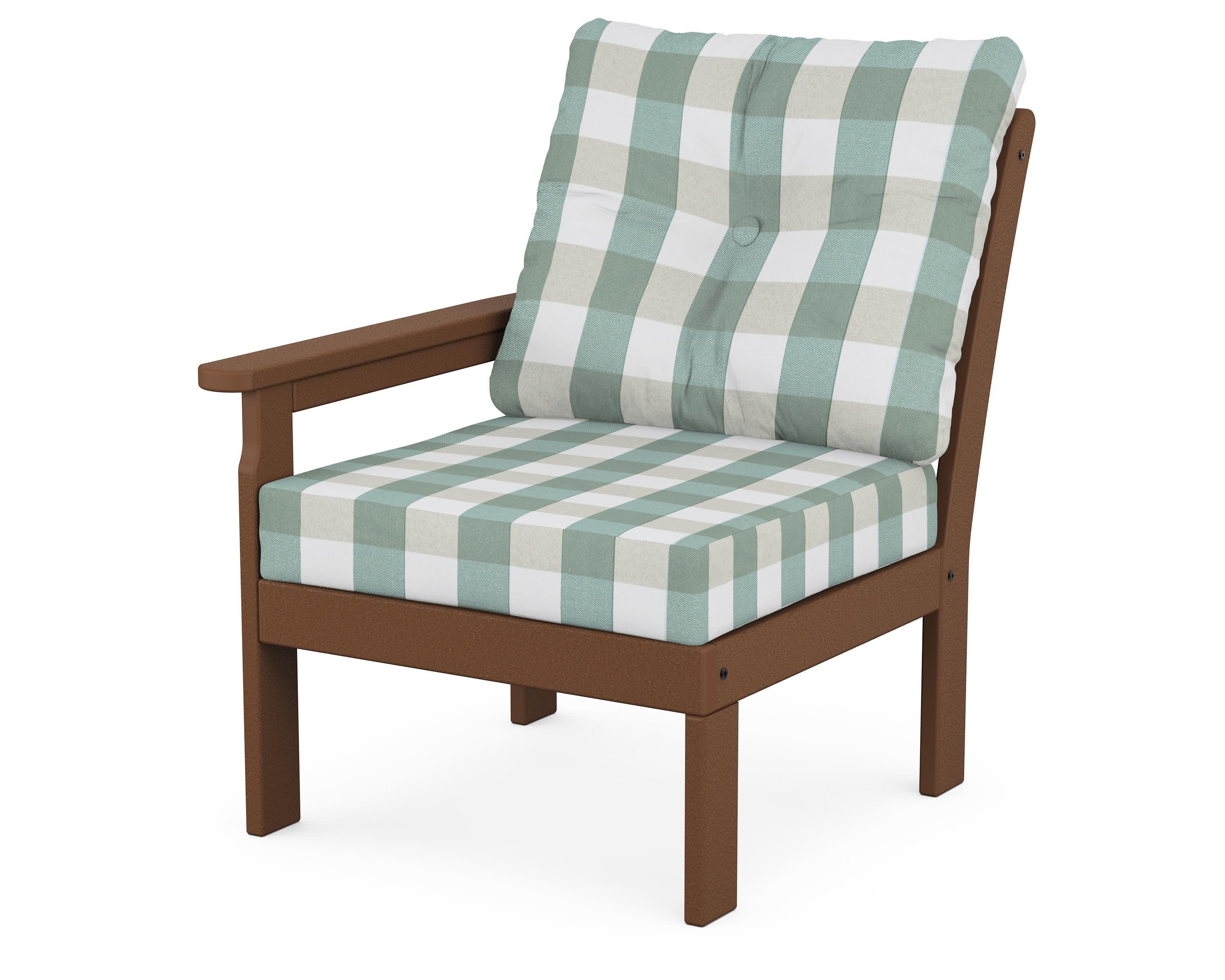 Vineyard Modular Left Arm Chair in Teak / Buffalo Plaid Glacier Spa