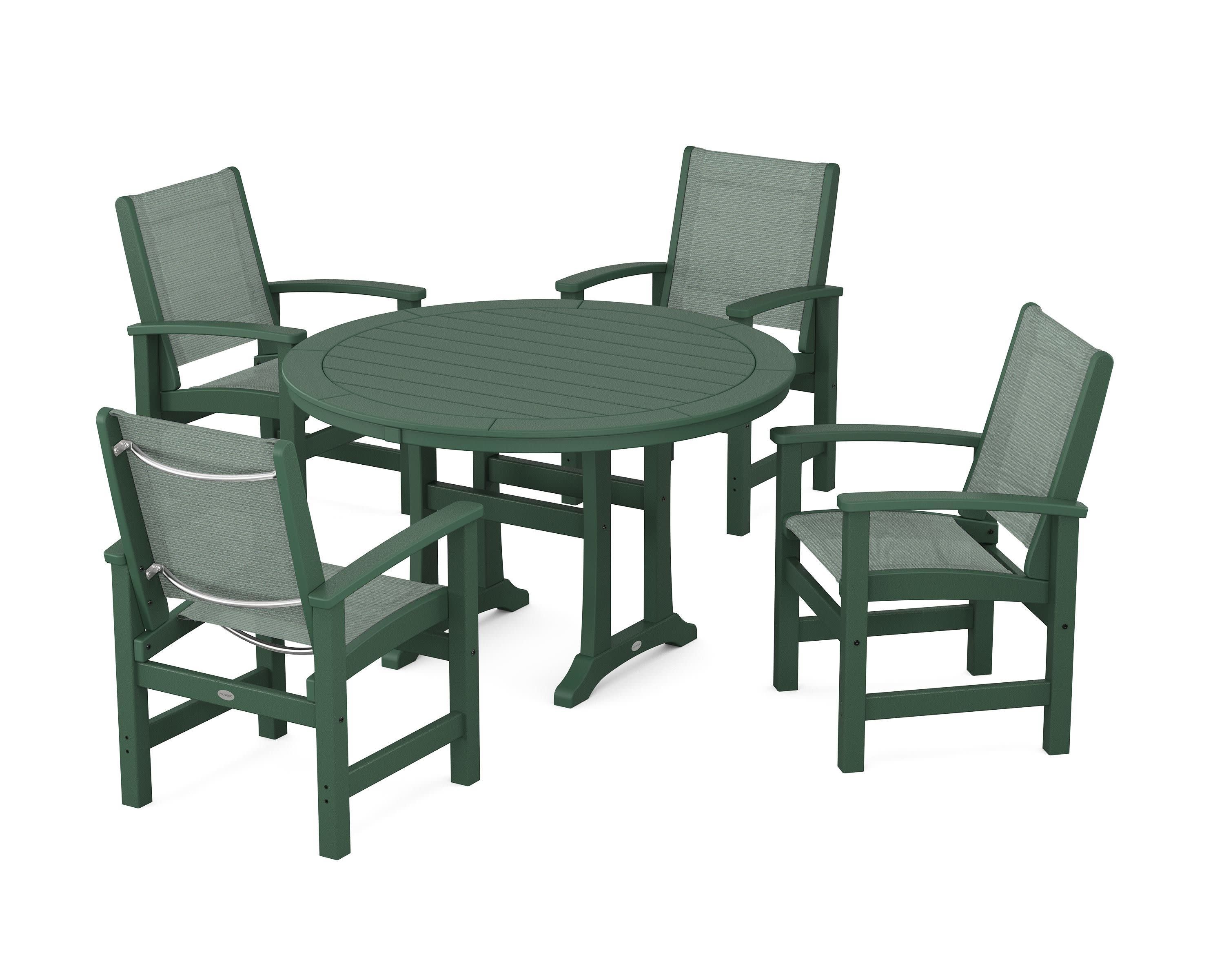 Coastal 5-Piece Round Dining Set with Trestle Legs in Green / Dupioni Sea Mist Sling
