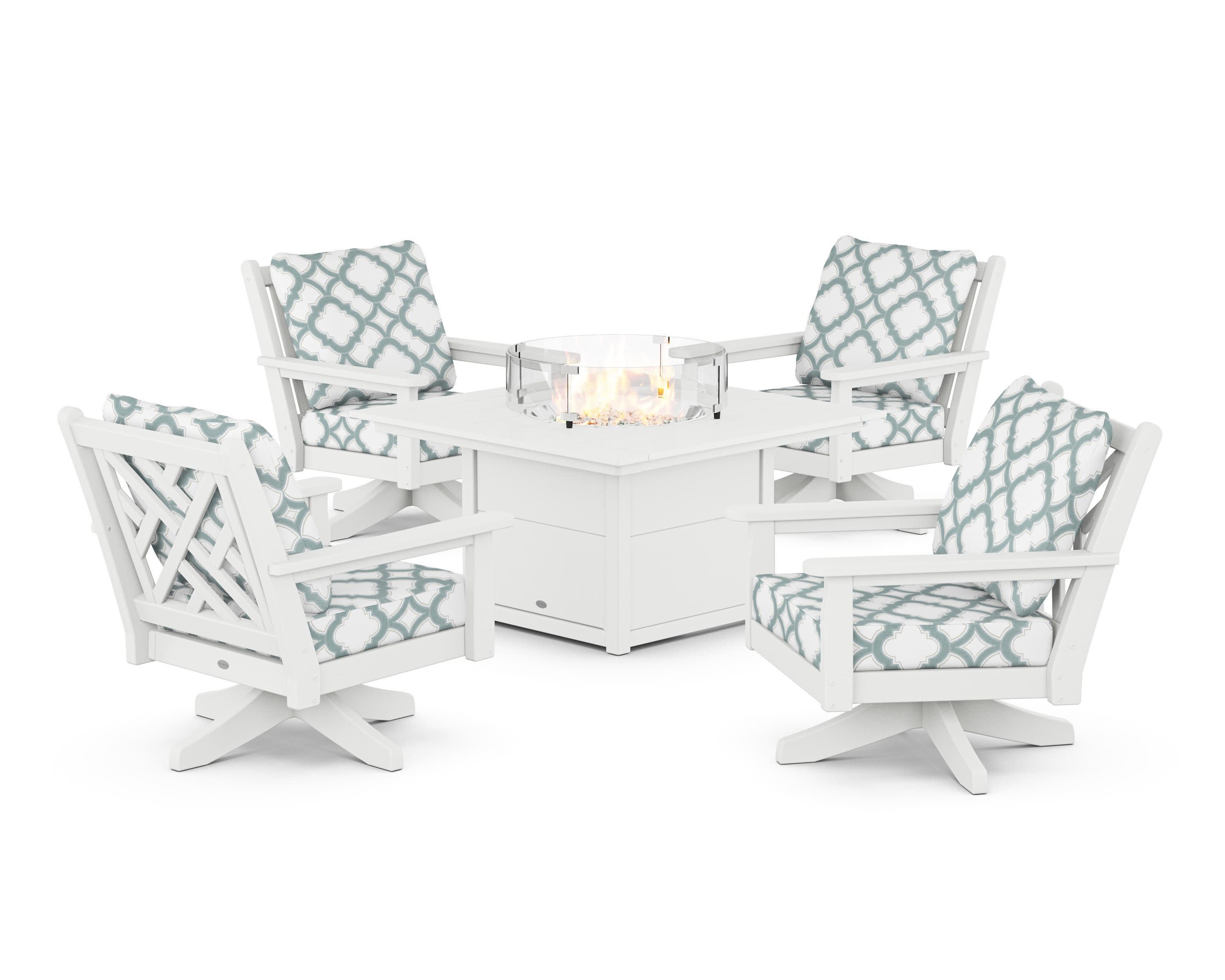 Chippendale 5-Piece Deep Seating Swivel Conversation Set with Fire Pit Table in White / Trellis Glacier Spa