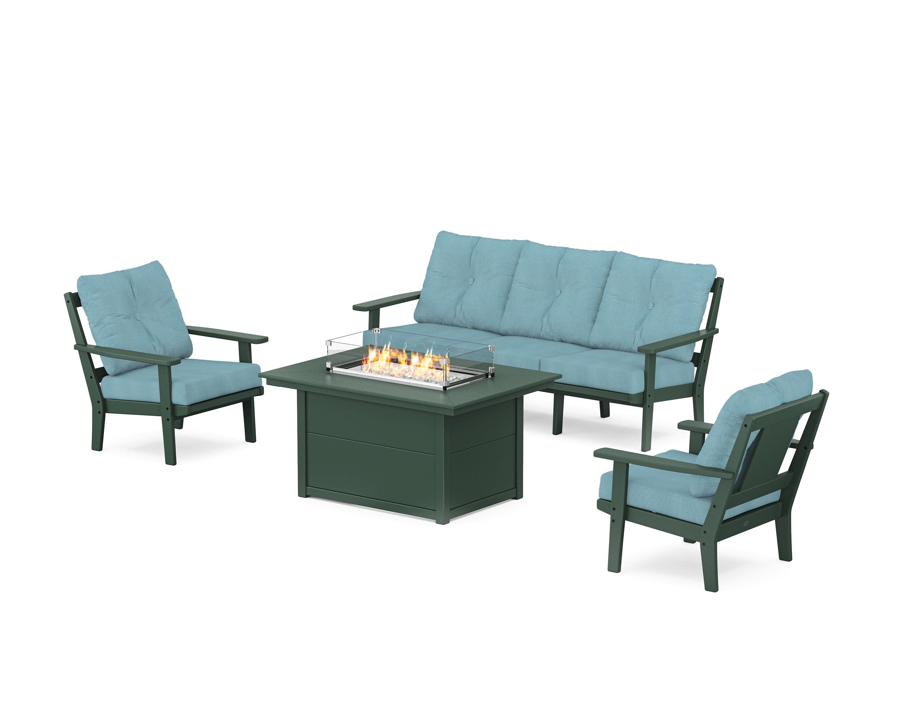 Prairie Deep Seating Fire Pit Table Set in Green / Lattice Sky Blue