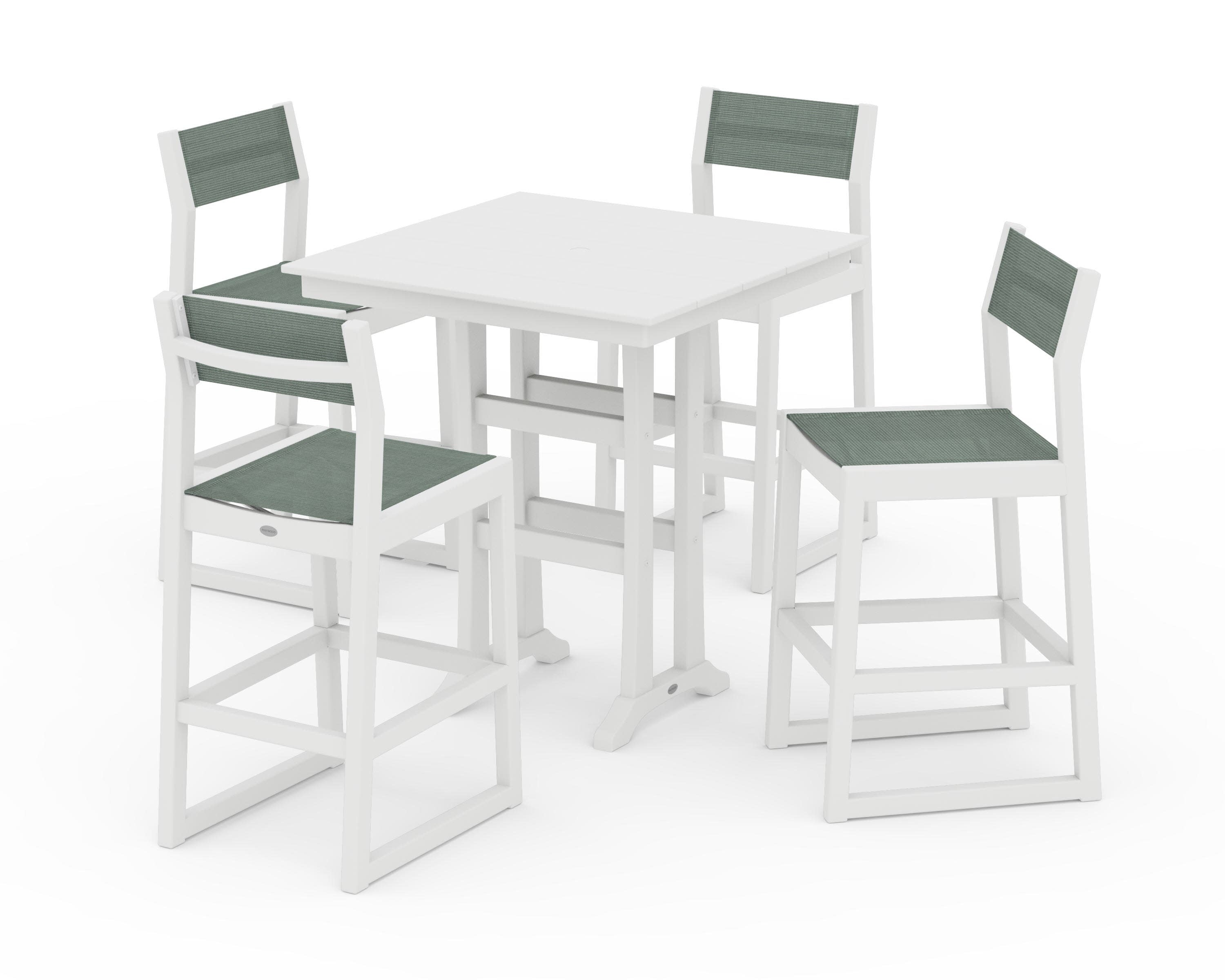 EDGE Sling Arm Chair 5-Piece Farmhouse Bar Set with Trestle Legs in White / Dupioni Sea Mist Sling