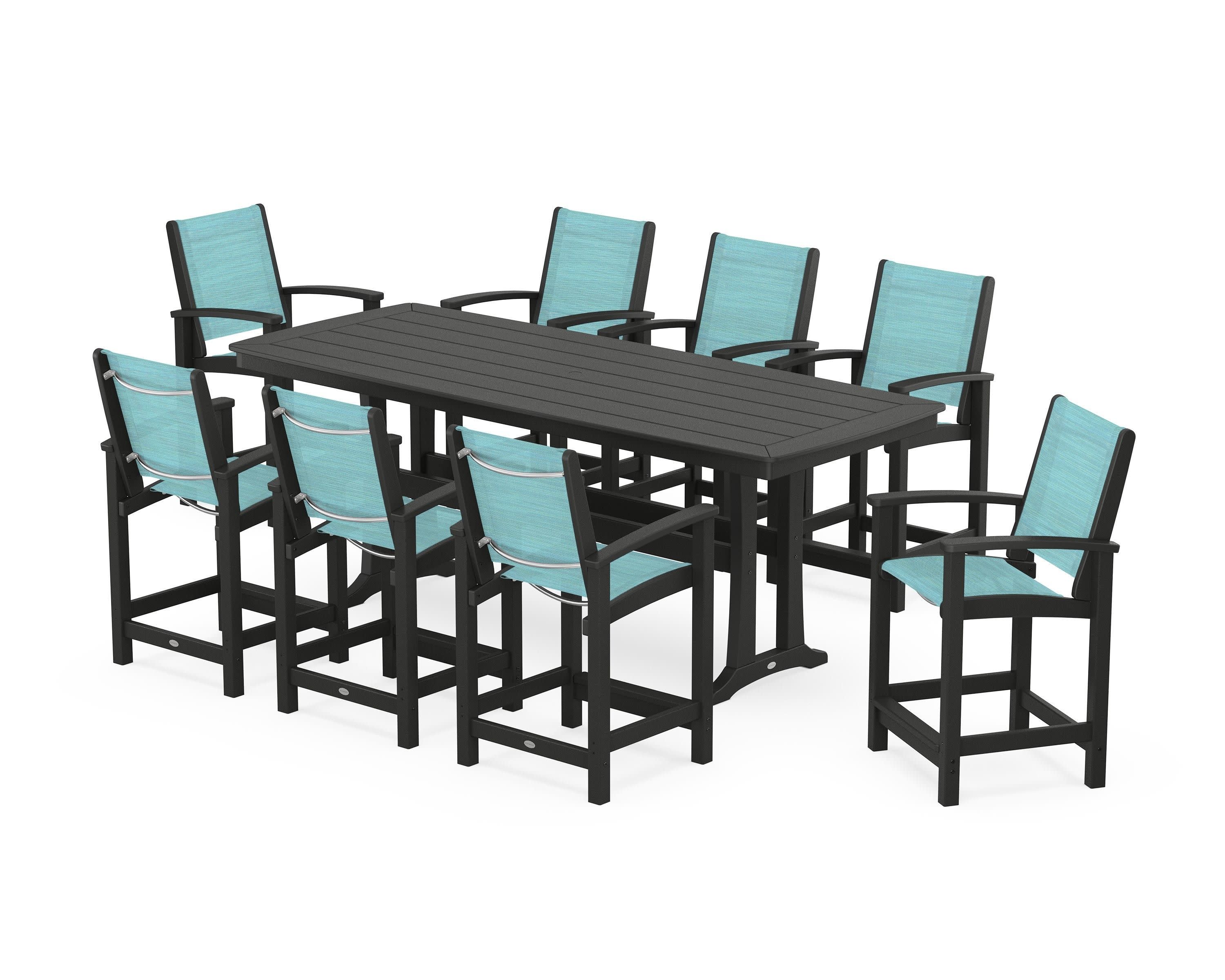 Coastal 9-Piece Counter Set with Trestle Legs in Black / Dupioni Aquamarine Sling