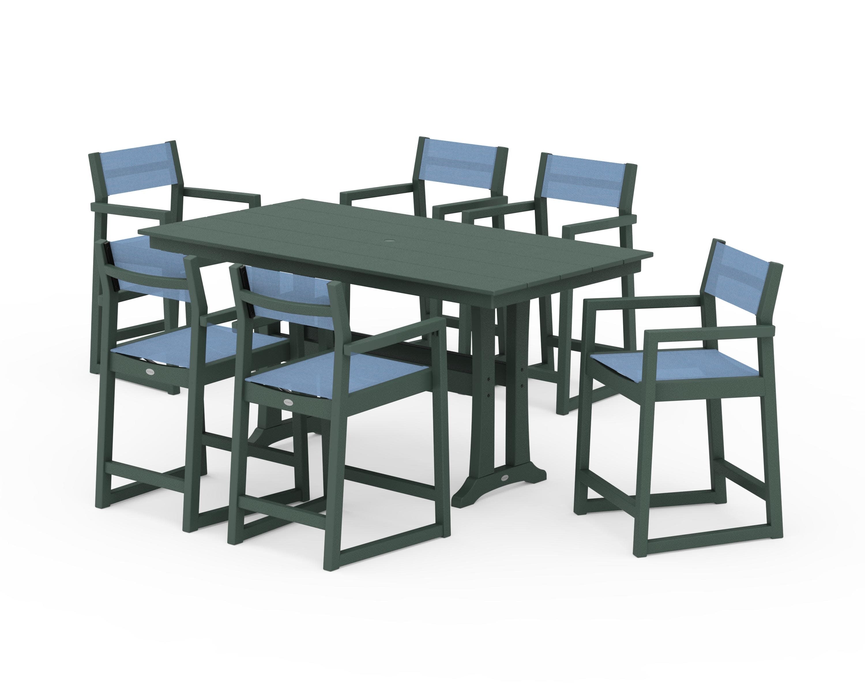 EDGE Sling Arm Chair 7-Piece Farmhouse Counter Set with Trestle Legs in Green / Poolside Sling