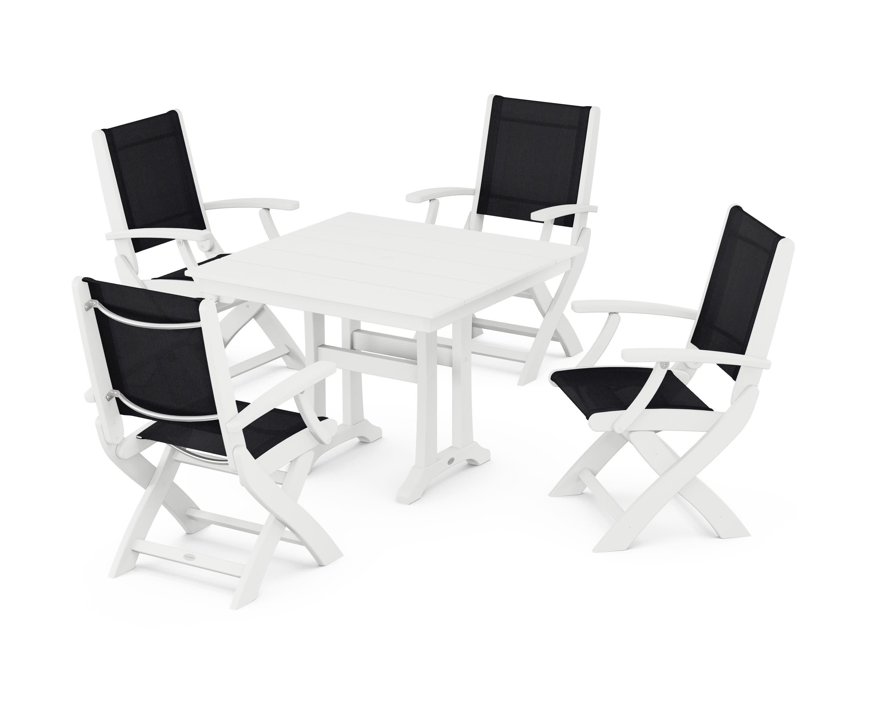 Coastal Folding Chair 5-Piece Farmhouse Dining Set With Trestle Legs in White / Black Sling