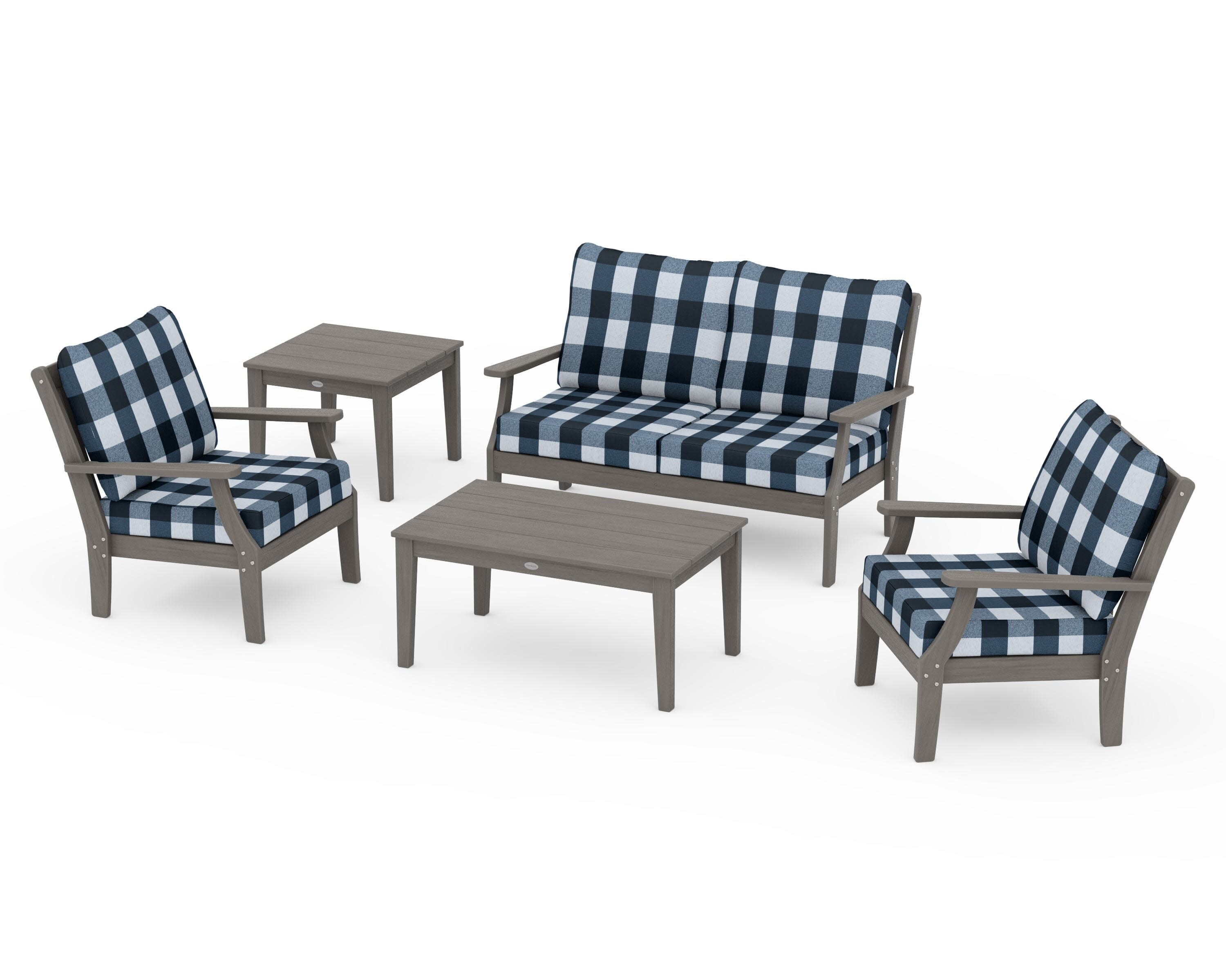 Braxton 5-Piece Deep Seating Set in Driftwood / Buffalo Plaid Marine Indigo