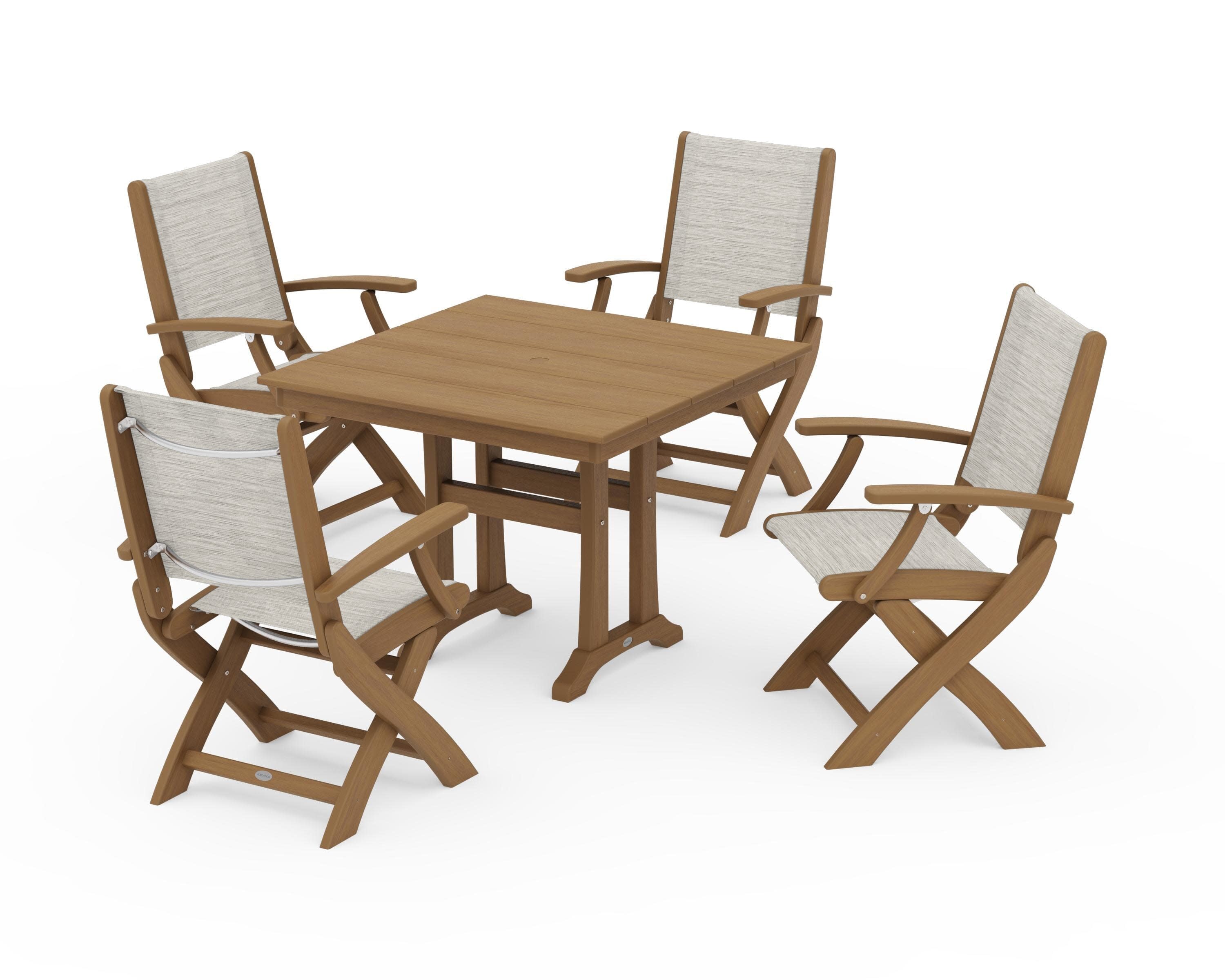 Coastal Folding Chair 5-Piece Farmhouse Dining Set With Trestle Legs in Natural / Birch Sling