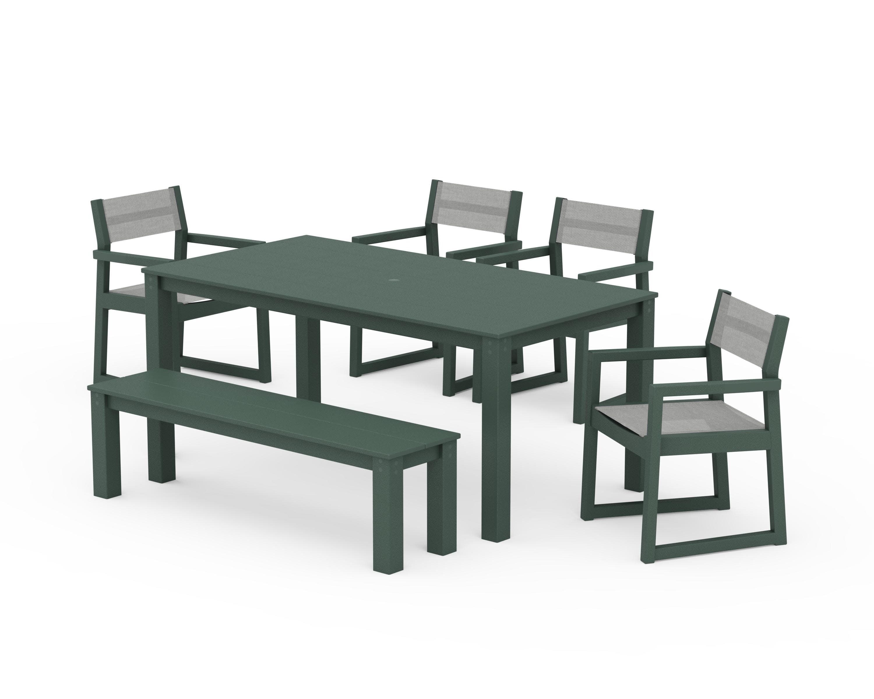 EDGE Sling Arm Chair 6-Piece Parsons Dining Set with Bench in Green / Metallic Sling