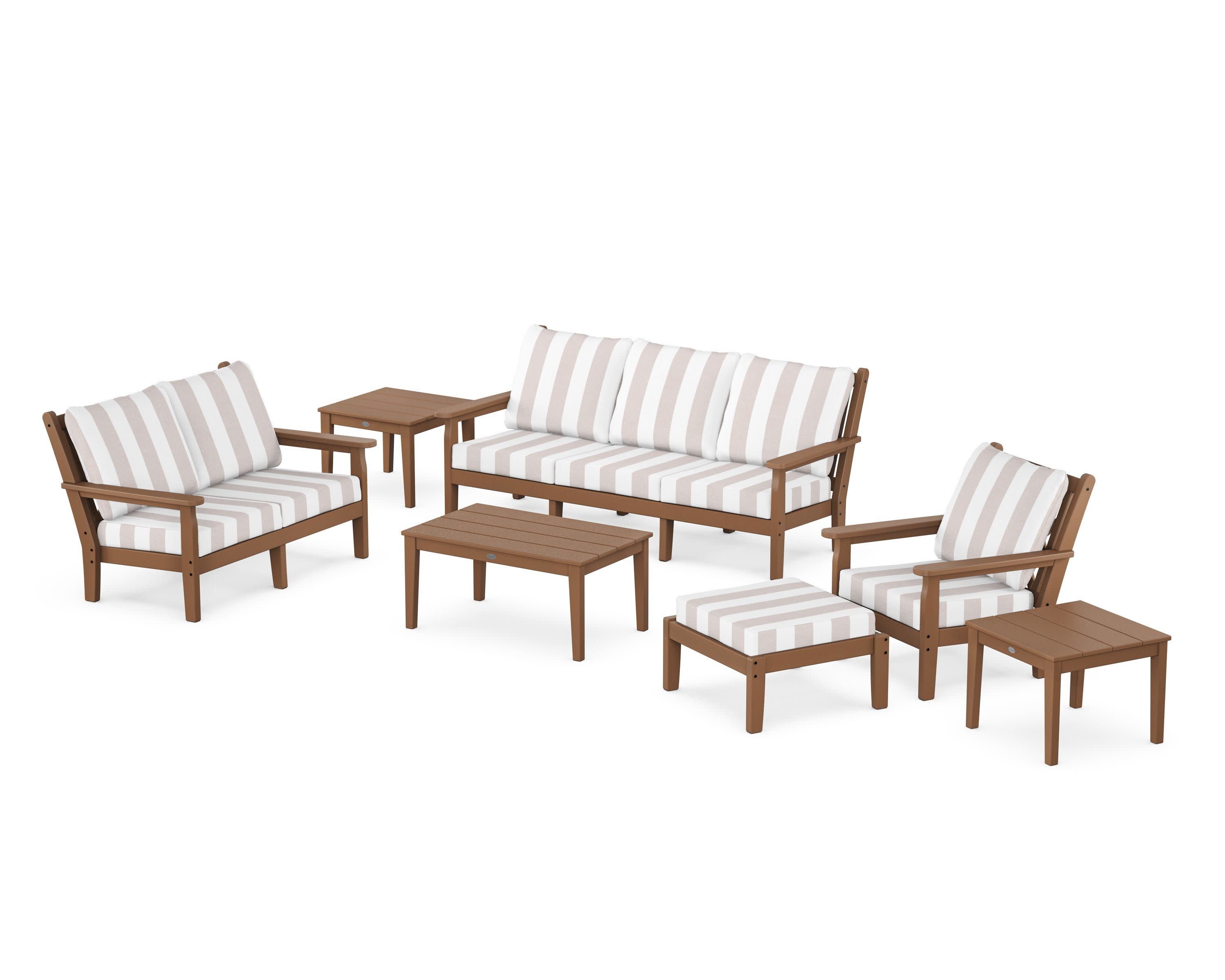 Chippendale 7-Piece Deep Seating Set in Teak / Cabana Stripe Dune Burlap