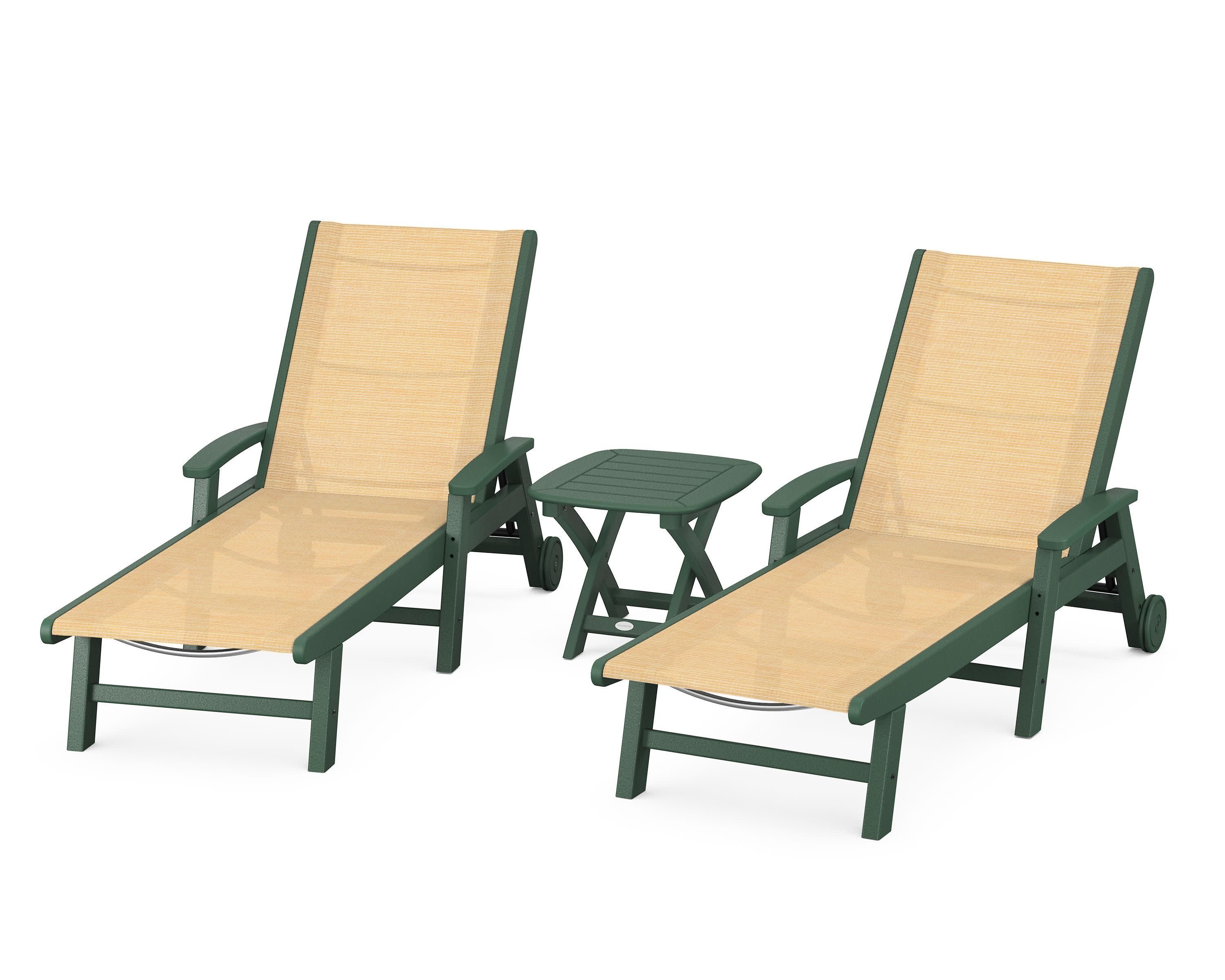 Coastal 3-Piece Wheeled Chaise Set in Green / Dupioni Apricot Sling