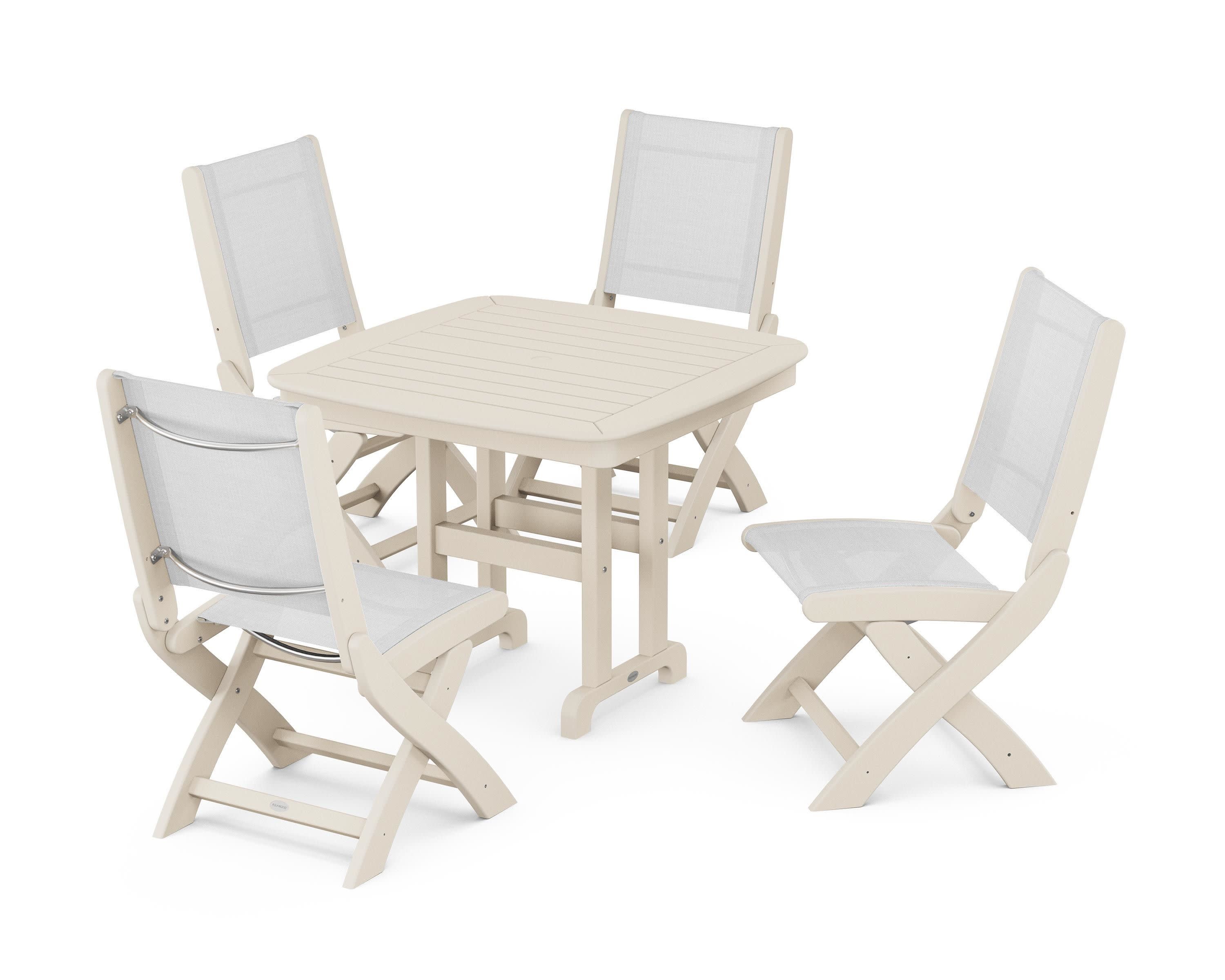 Coastal Folding Side Chair 5-Piece Dining Set in Sand / White Sling