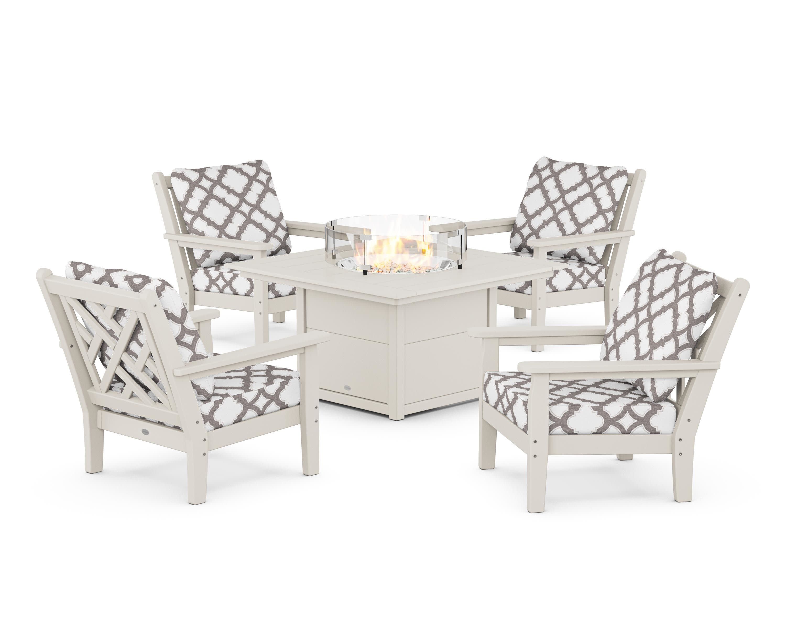 Chippendale 5-Piece Deep Seating Set with Fire Pit Table in Sand / Trellis Grey Mist