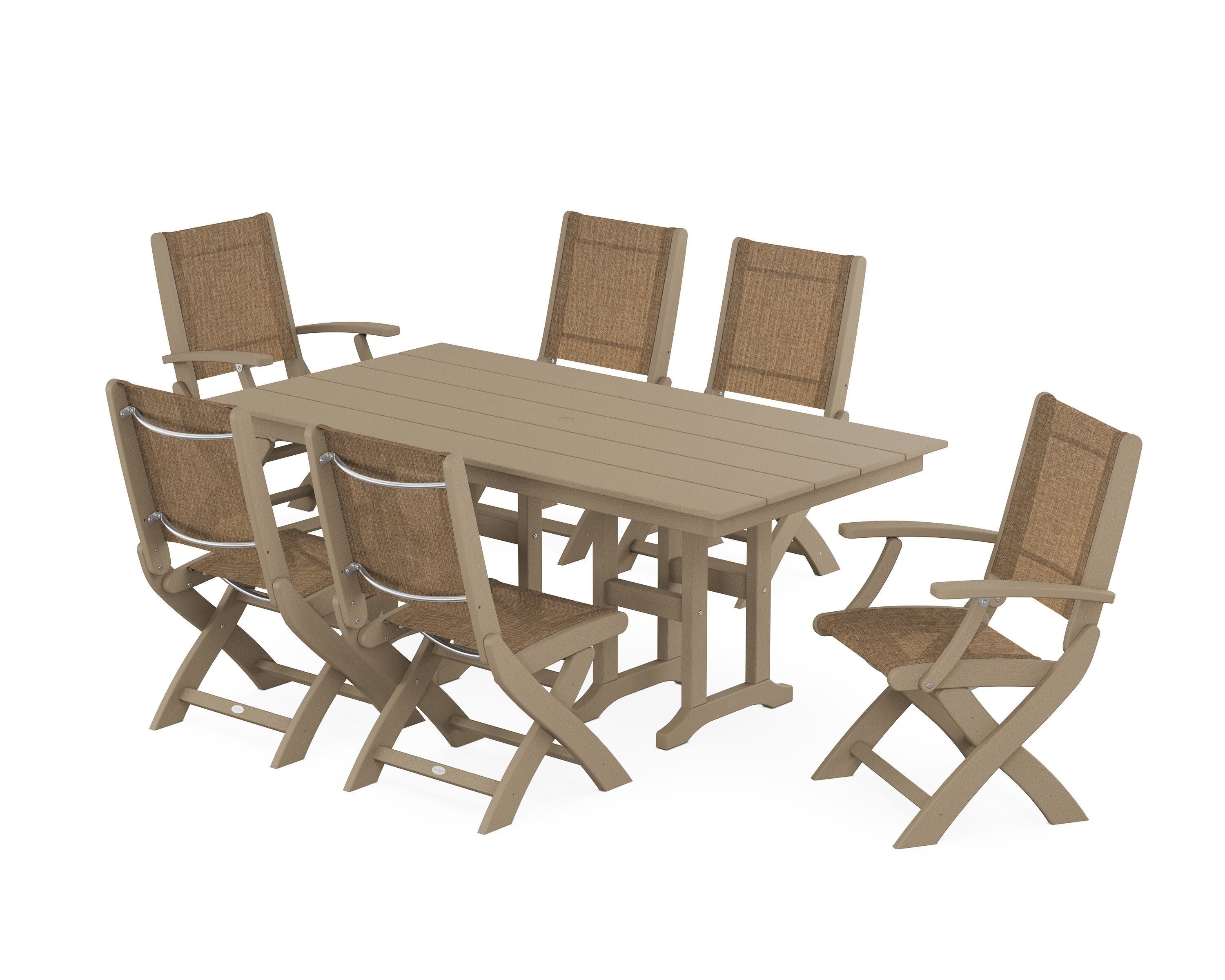 Coastal Folding Chair 7-Piece Farmhouse Dining Set in Vintage Sahara / Burlap Sling