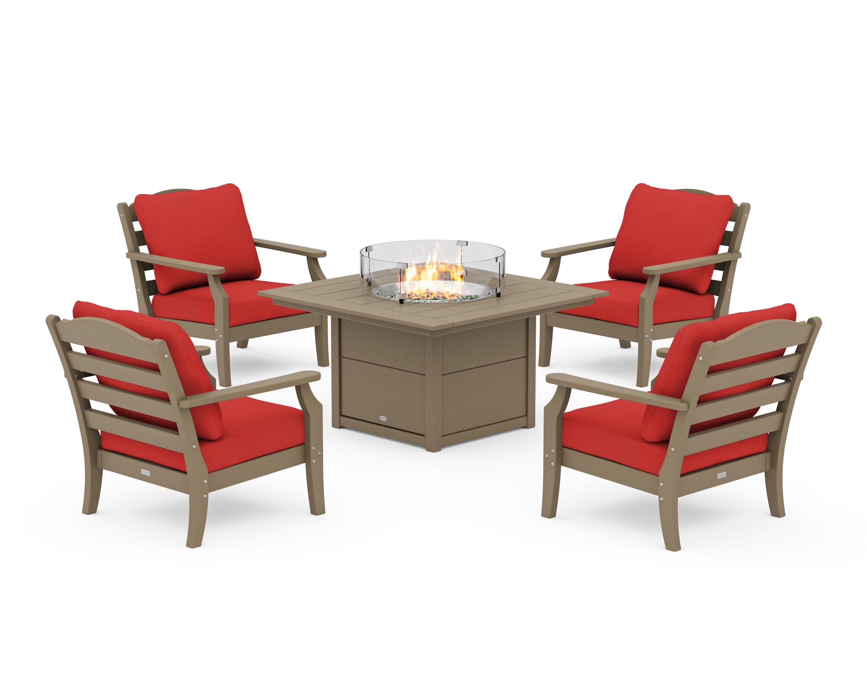 Savannah 5-Piece Deep Seating Set with Fire Pit Table in Vintage Sahara / Crimson Linen