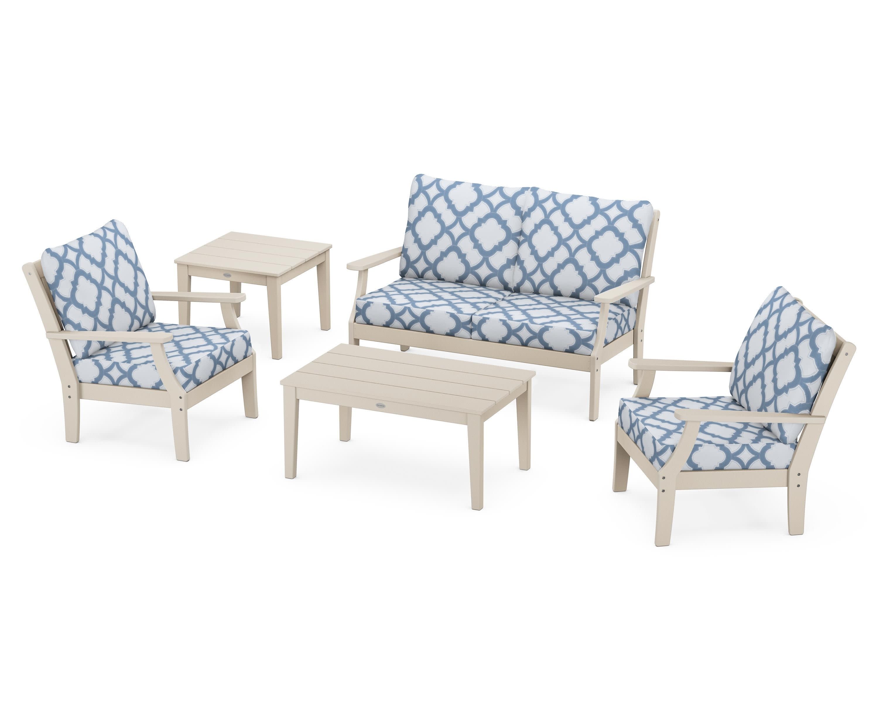 Braxton 5-Piece Deep Seating Set in Sand / Trellis Sky Blue