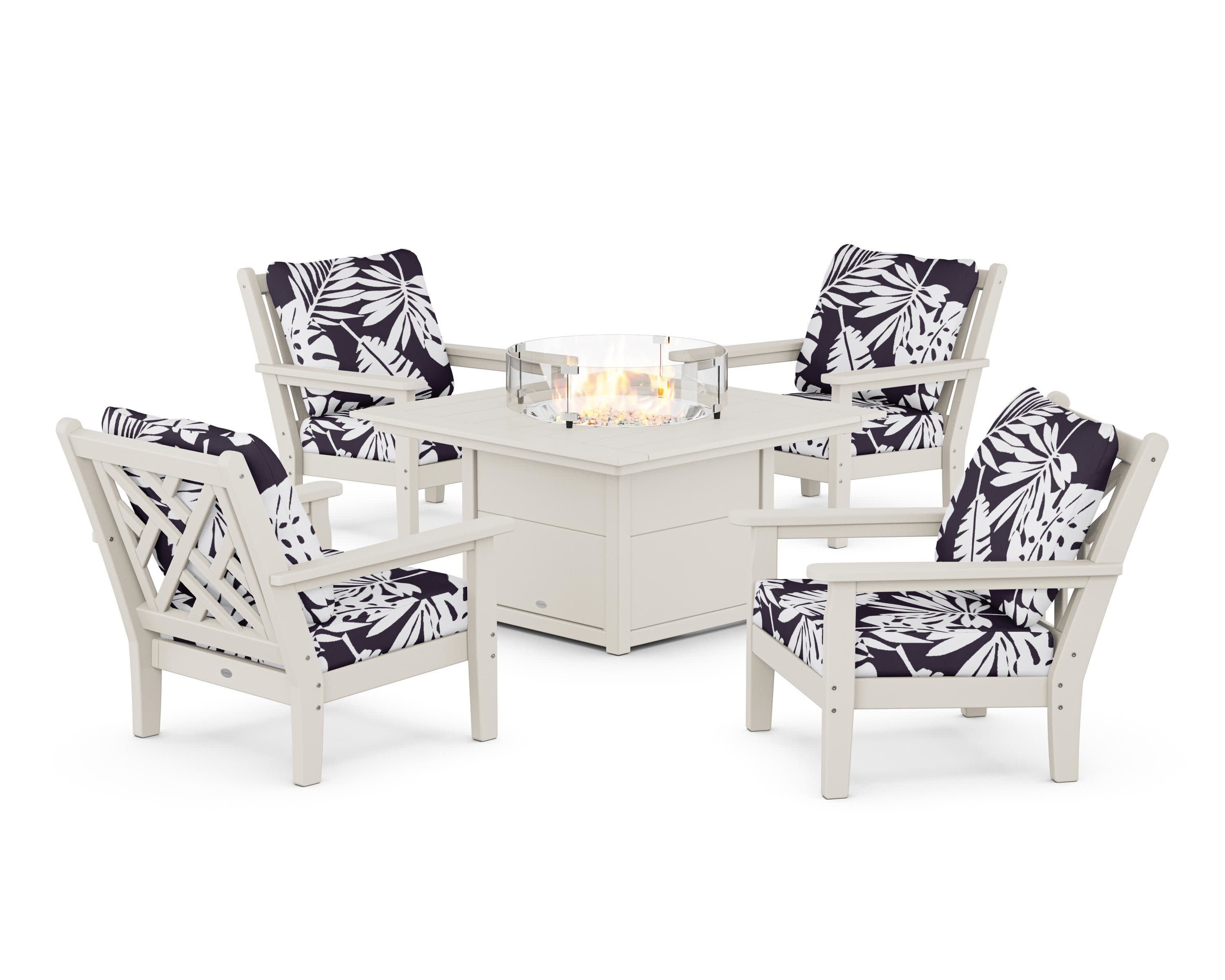 Chippendale 5-Piece Deep Seating Set with Fire Pit Table in Sand / Leaf Navy
