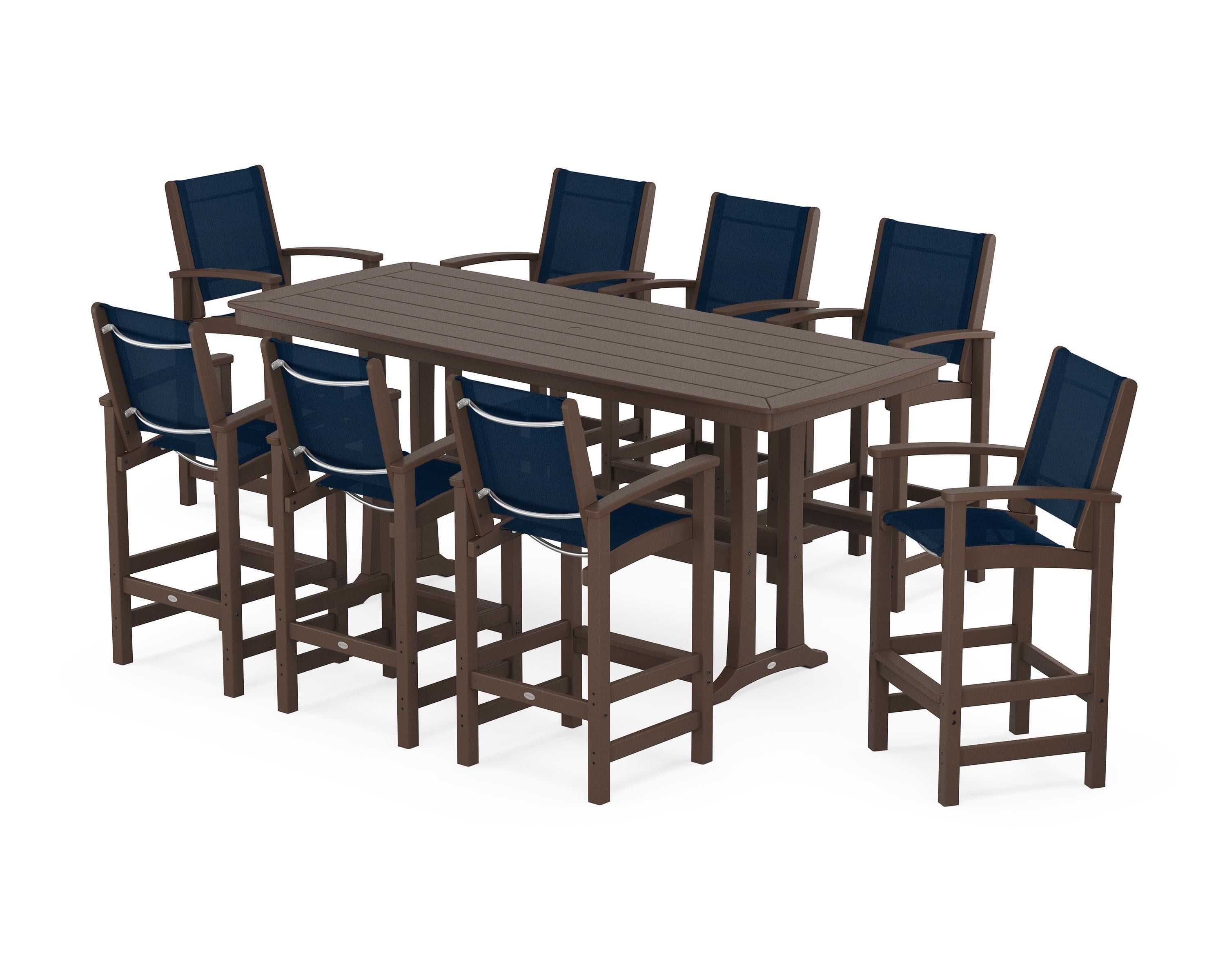 Coastal 9-Piece Bar Set with Trestle Legs in Mahogany / Navy Blue Sling